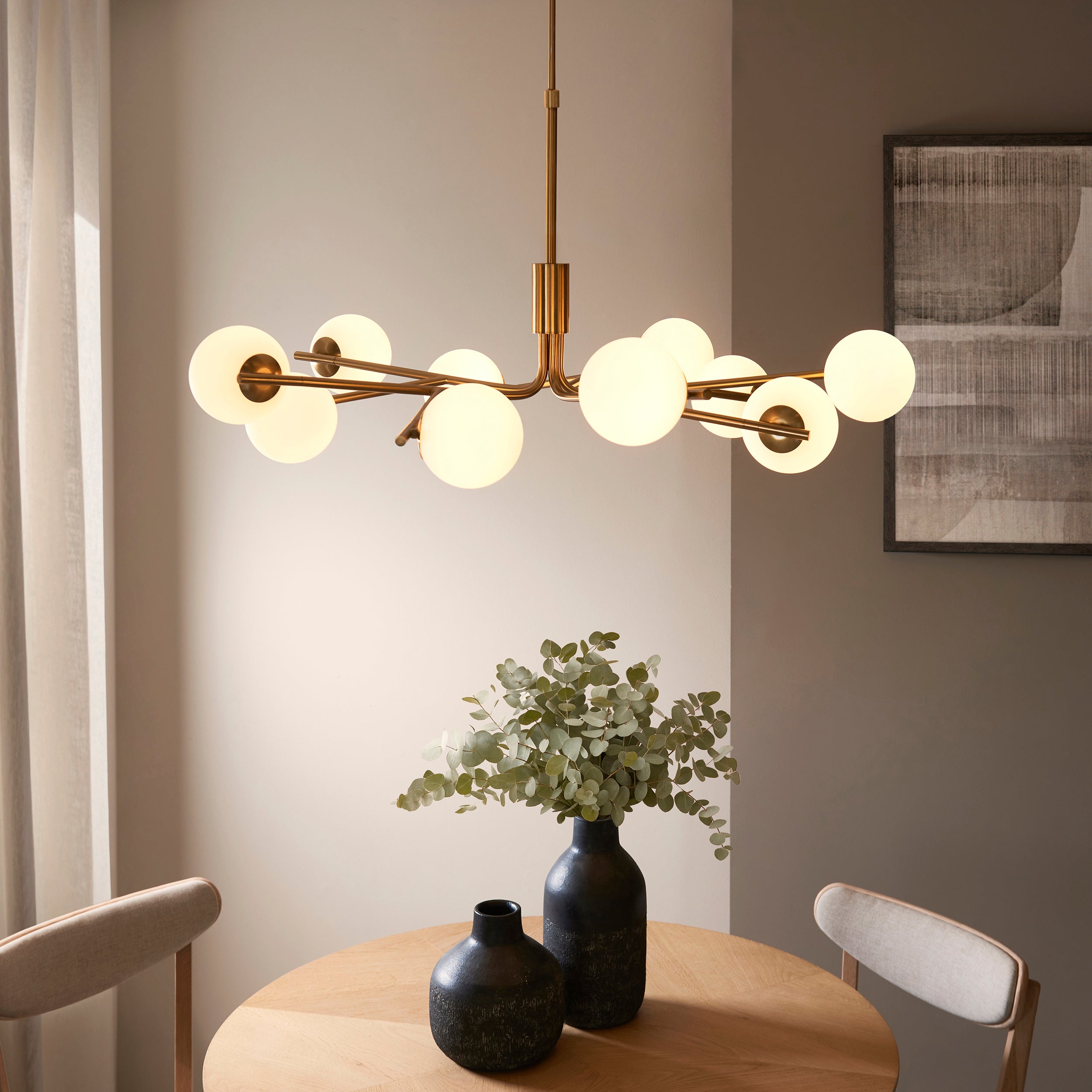 Endon Aaron 10 Light Pendant - Brushed Aged Brass Plate & Matt Opal Glass