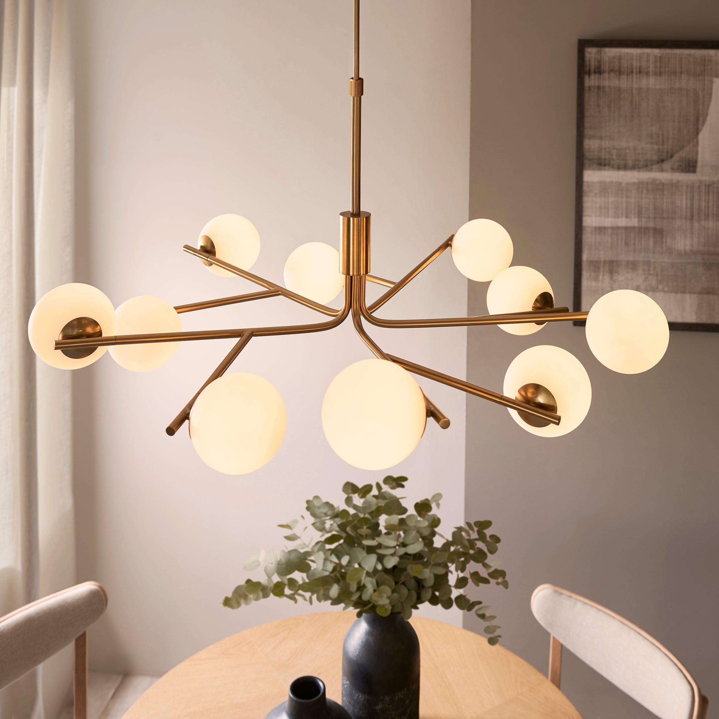 Endon Aaron 10 Light Pendant - Brushed Aged Brass Plate & Matt Opal Glass