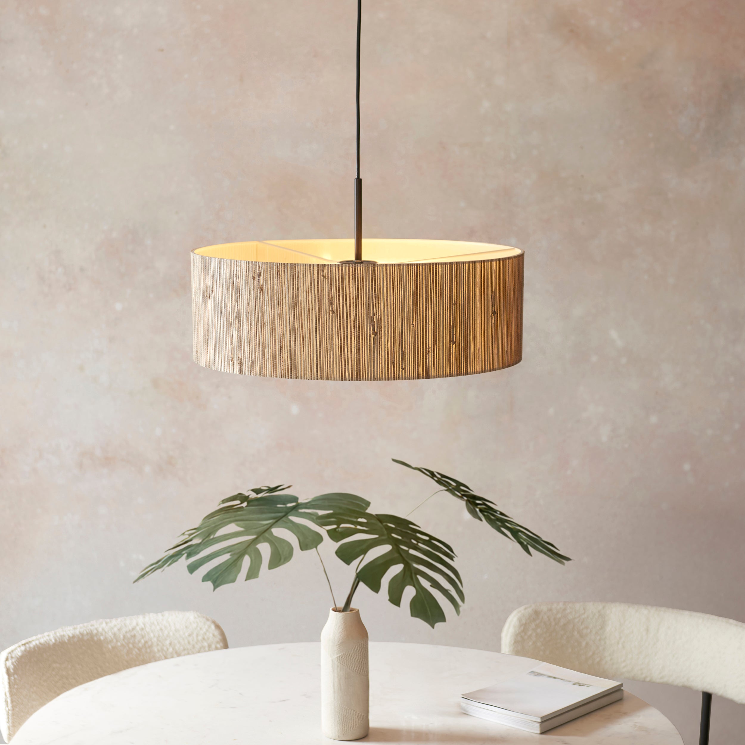 Endon Longshore 3 Light Pendant - Natural Seagrass, Matt Black & White Fabric