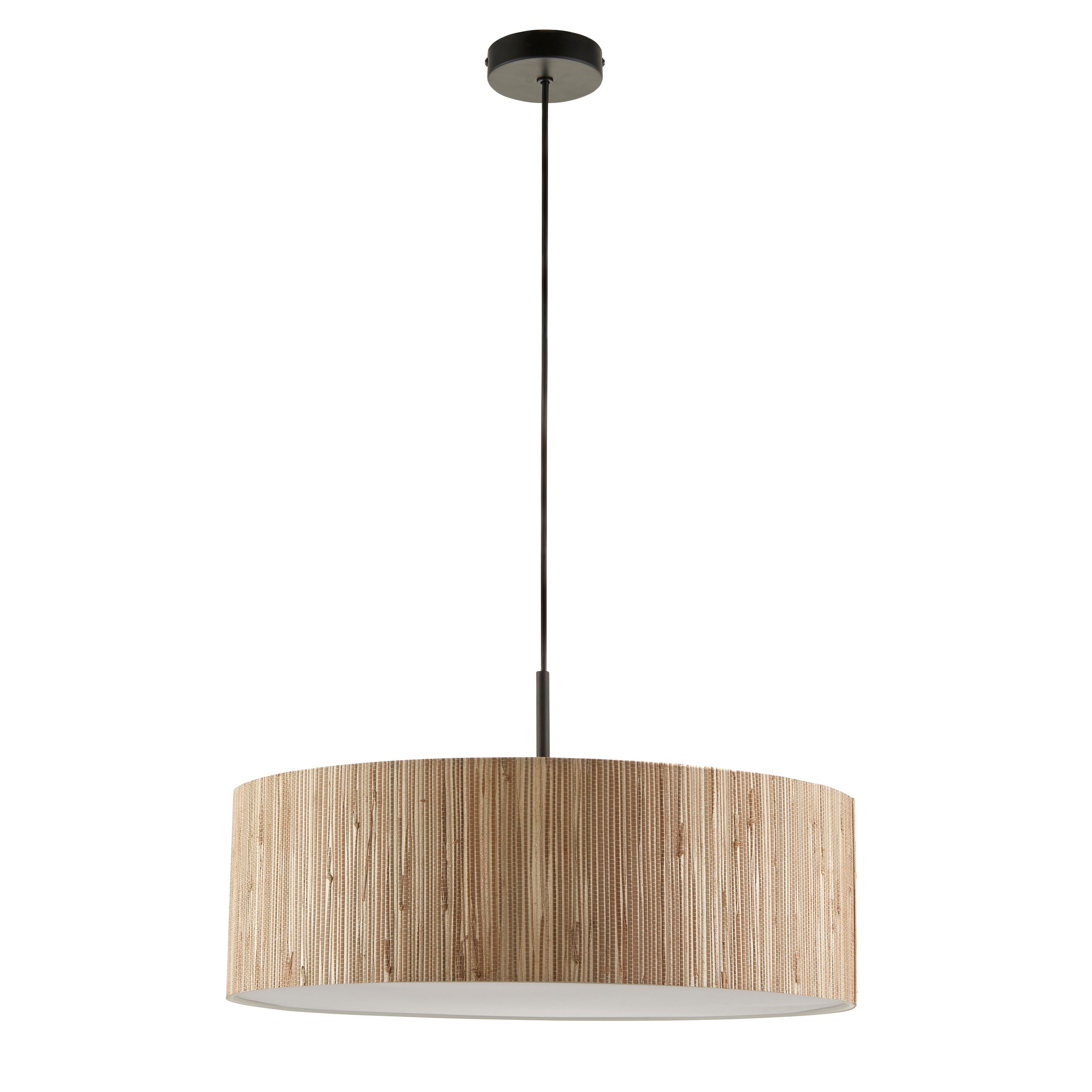 Endon Longshore 3 Light Pendant - Natural Seagrass, Matt Black & White Fabric