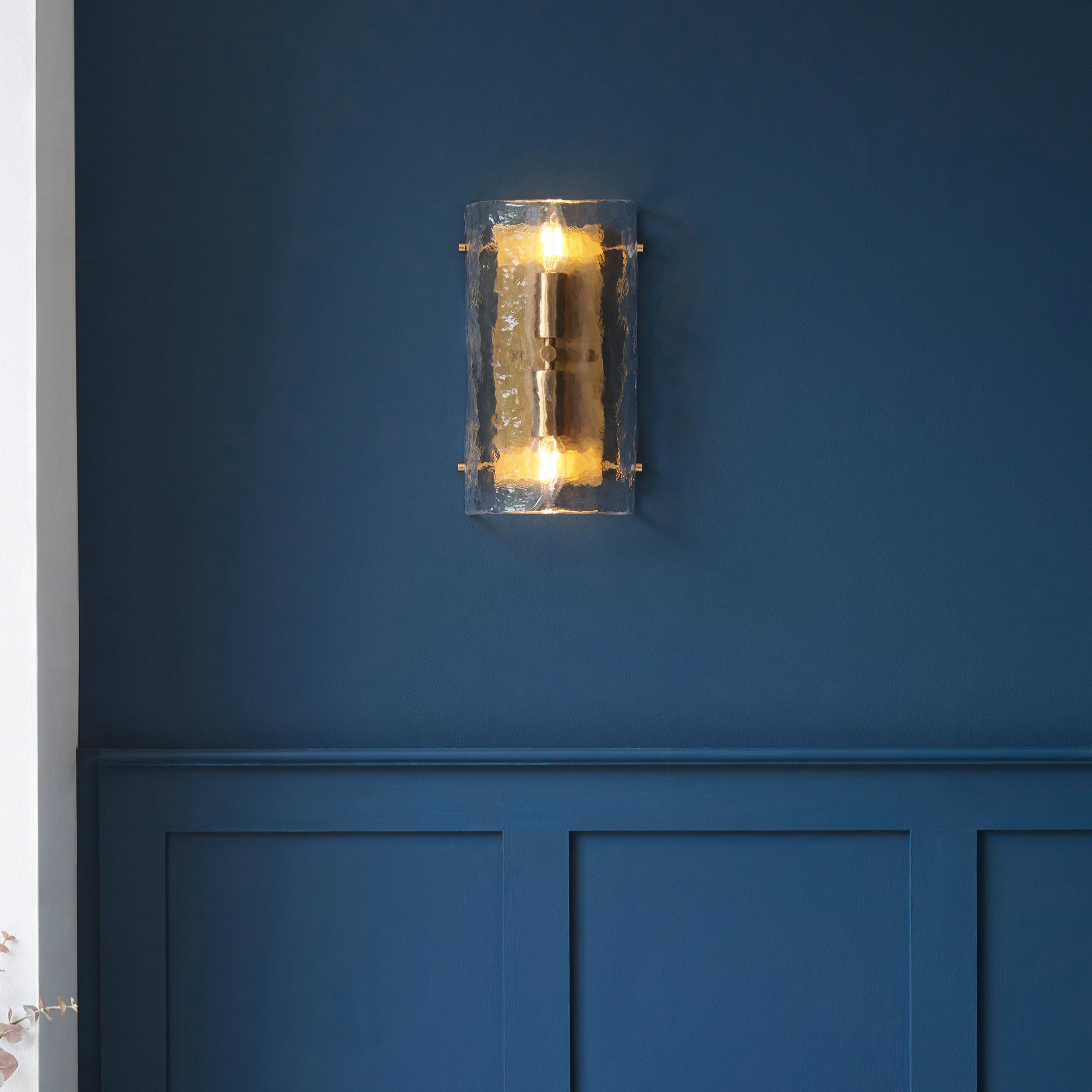 Endon Keller 2 Light Wall Light - Brushed Aged Brass Plate & Handmade Textured Clear Glass