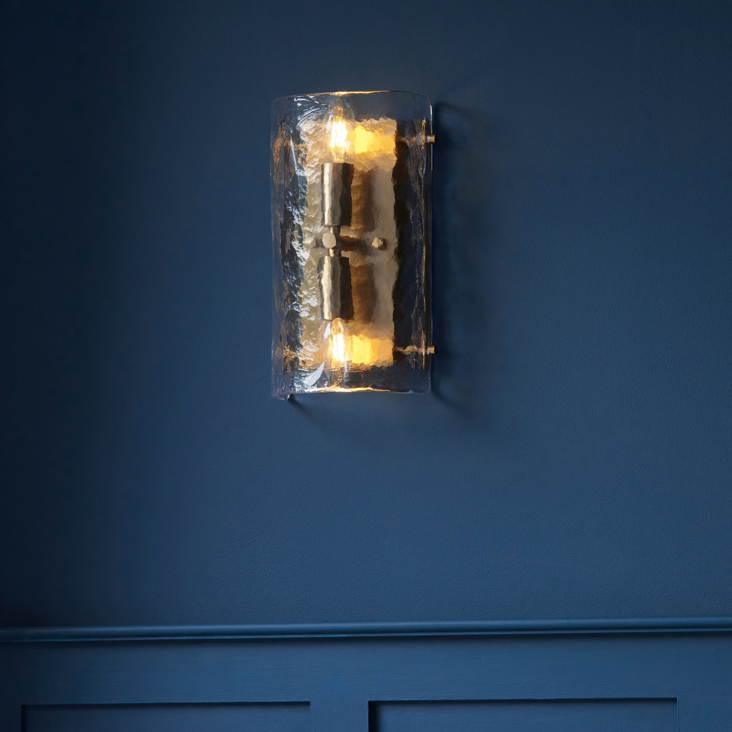 Endon Keller 2 Light Wall Light - Brushed Aged Brass Plate & Handmade Textured Clear Glass