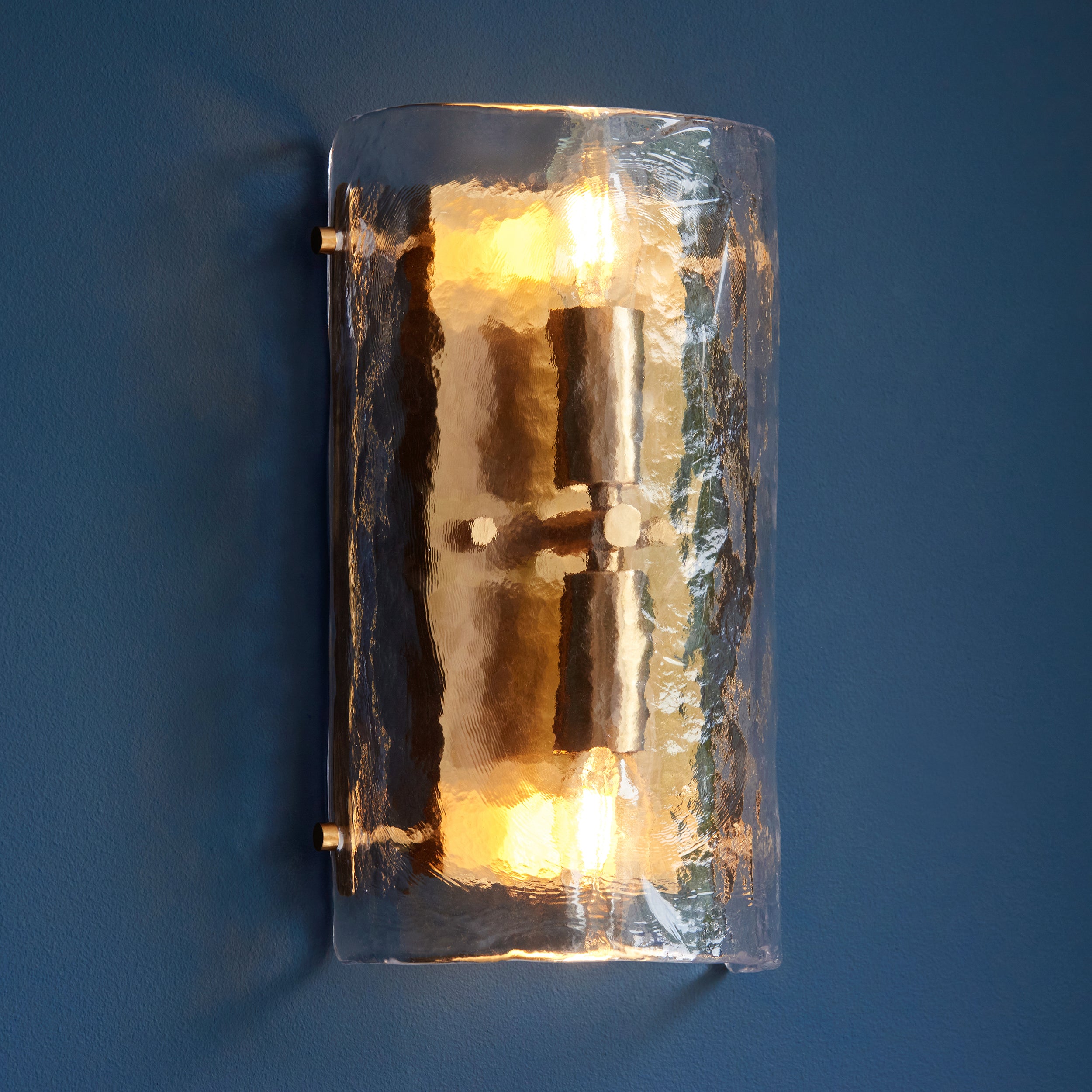 Endon Keller 2 Light Wall Light - Brushed Aged Brass Plate & Handmade Textured Clear Glass