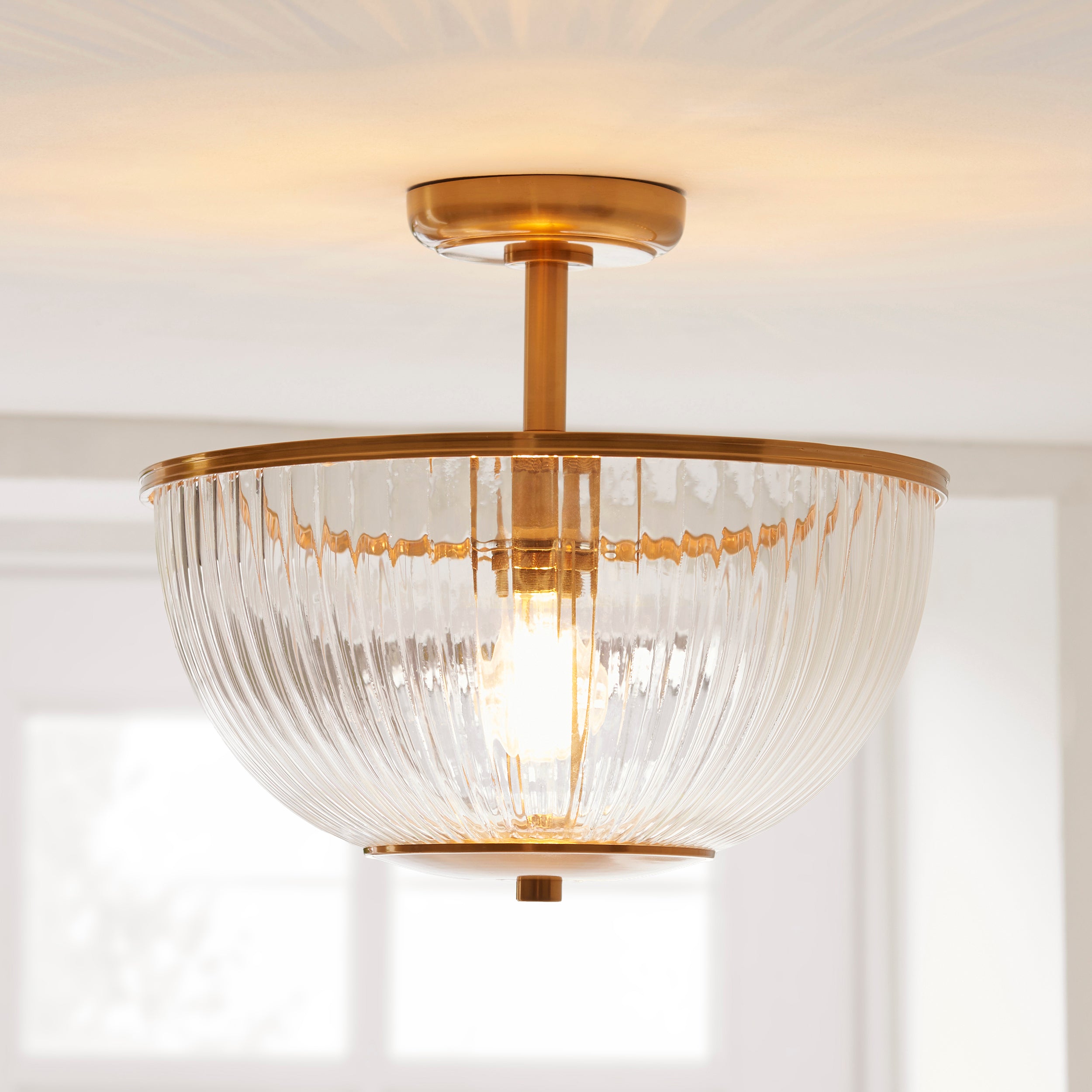 Endon Somerset Uplighter Flush Ceiling Light - Vintage Brass Finish & Clear Ribbed Glass
