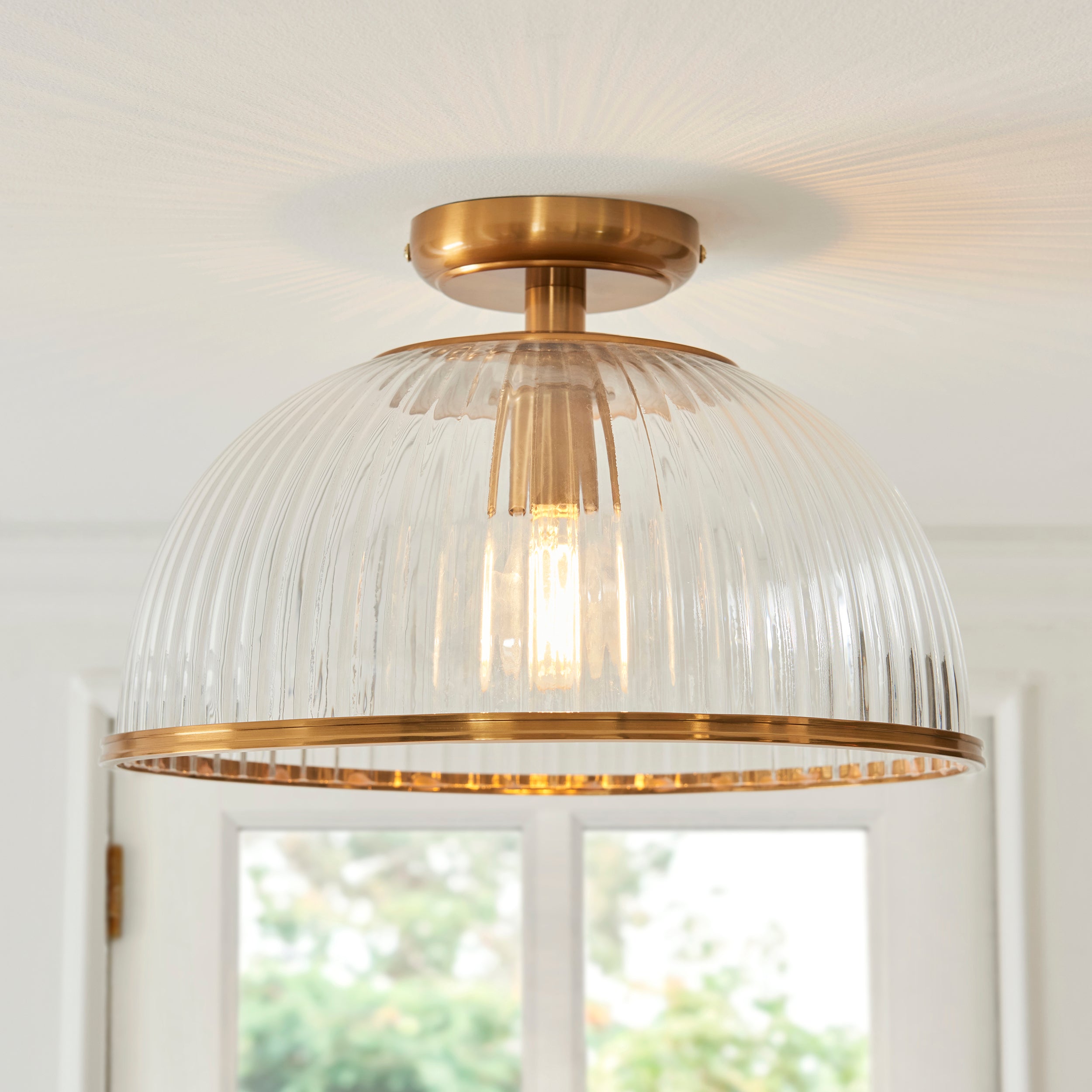 Endon Somerset Downlight Flush Ceiling Light - Vintage Brass Finish & Clear Ribbed Glass