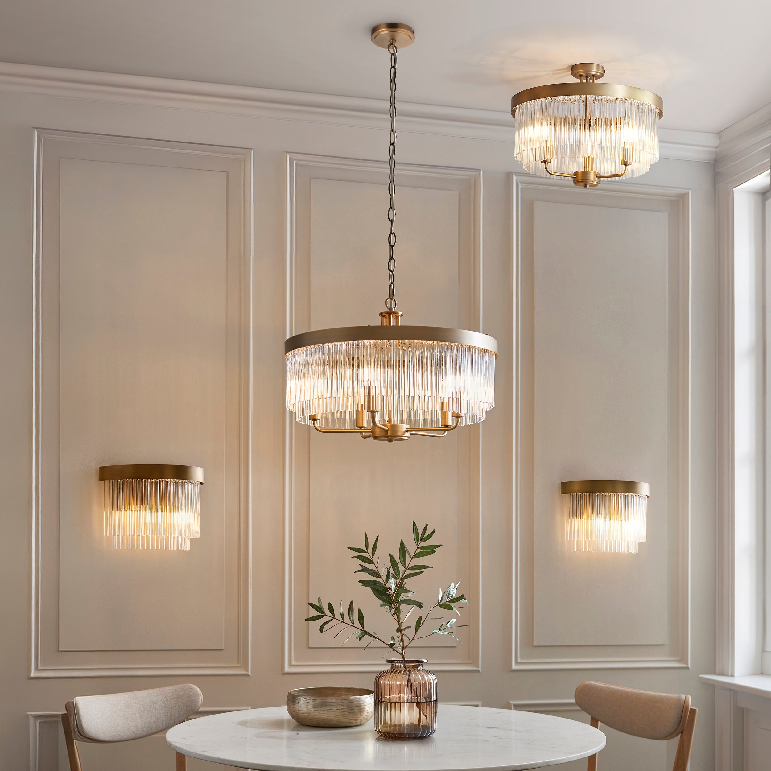 Endon Heathcliff Wall   - Brushed Aged Brass Plate, Oak Stained Wood & Natural Faux Linen