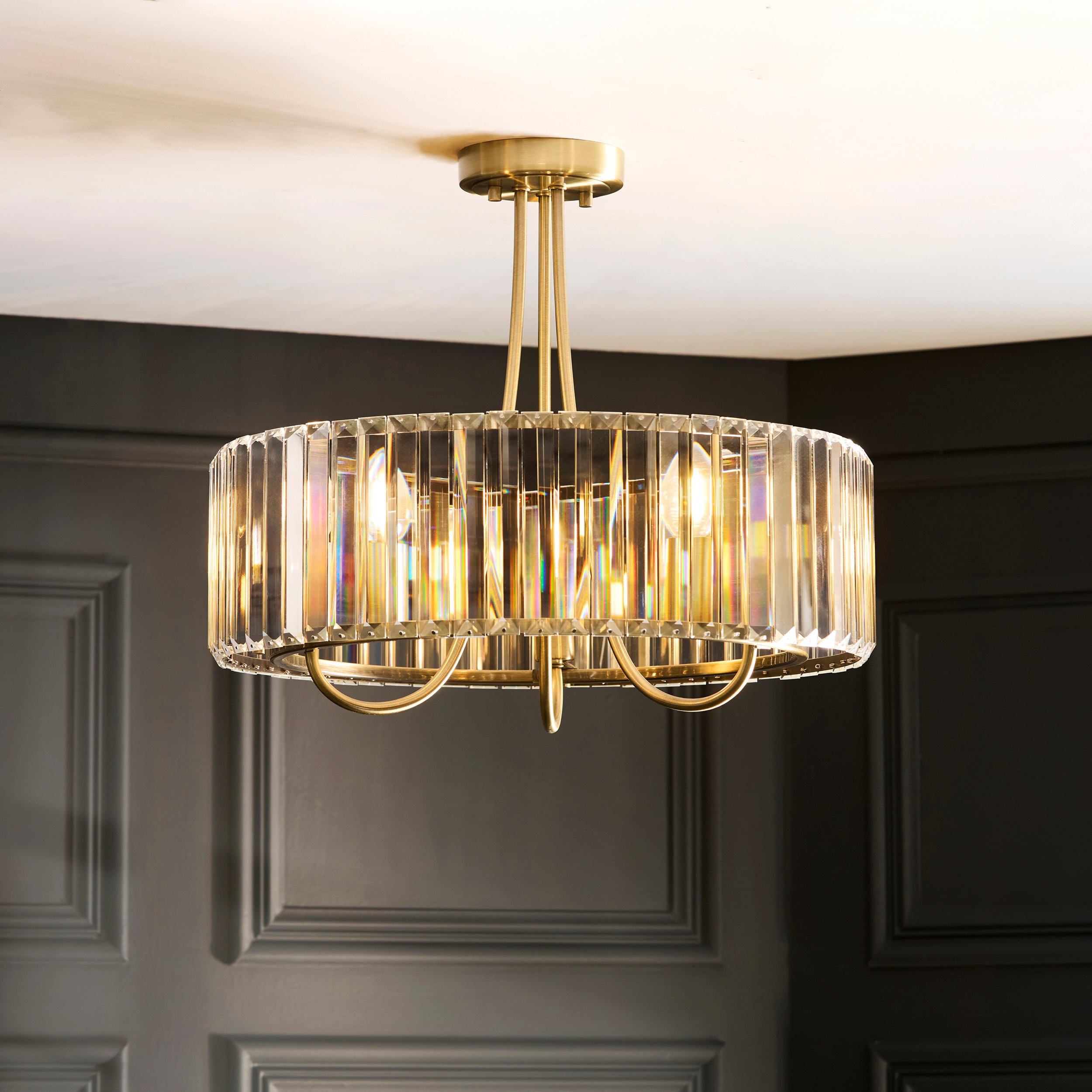 Endon Visconti 3 Light Semi Flush   - Antique Brass Plate & Clear Glass