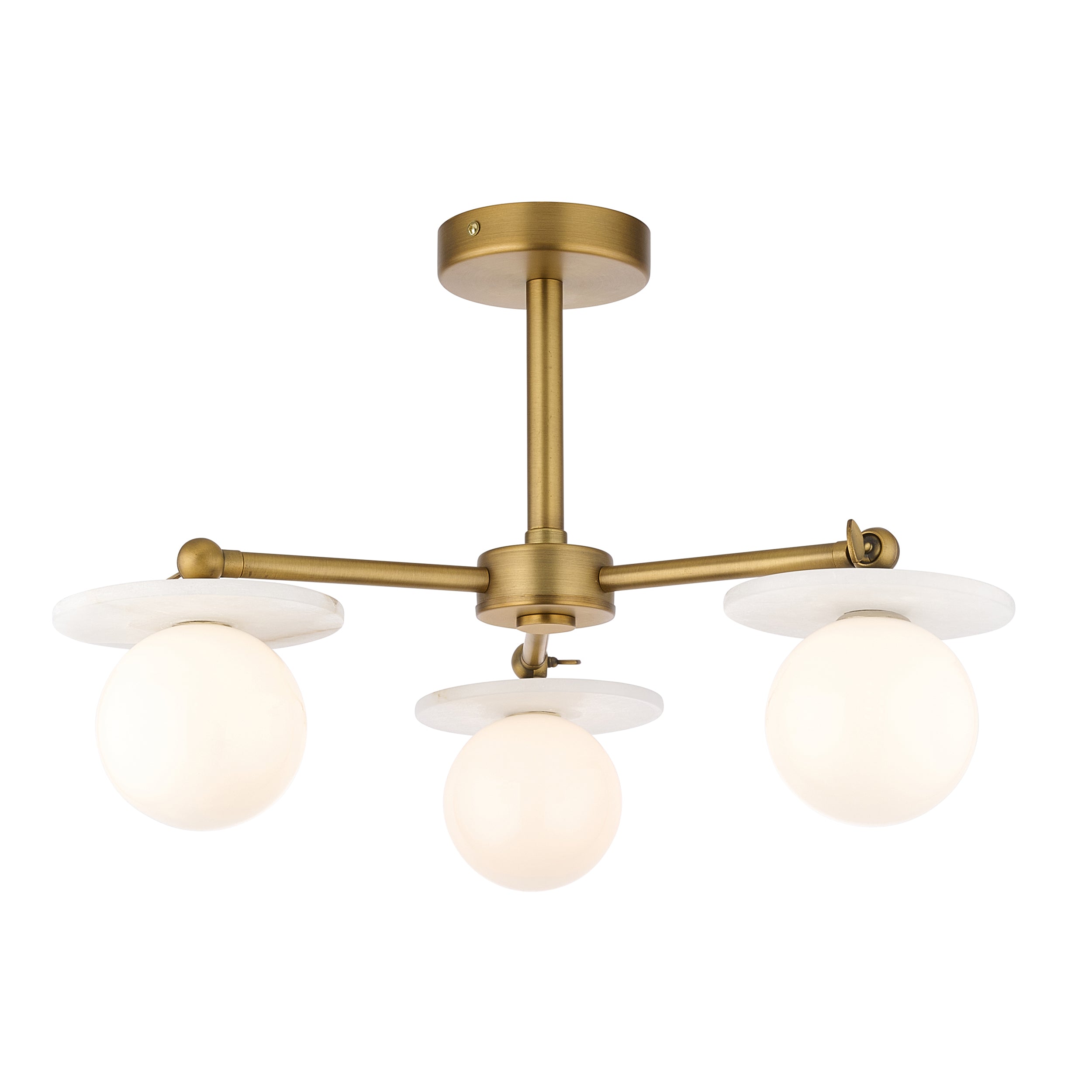 Endon Cerchio 3 Light Semi Flush   - Warm Antique Brass Plate, Alabaster Stone & Gloss White Glass
