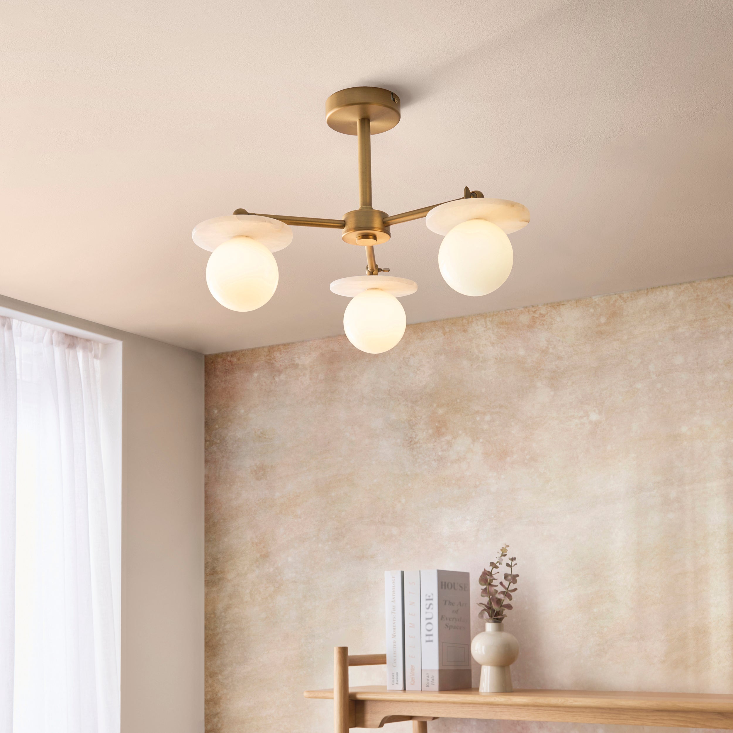 Endon Cerchio 3 Light Semi Flush   - Warm Antique Brass Plate, Alabaster Stone & Gloss White Glass