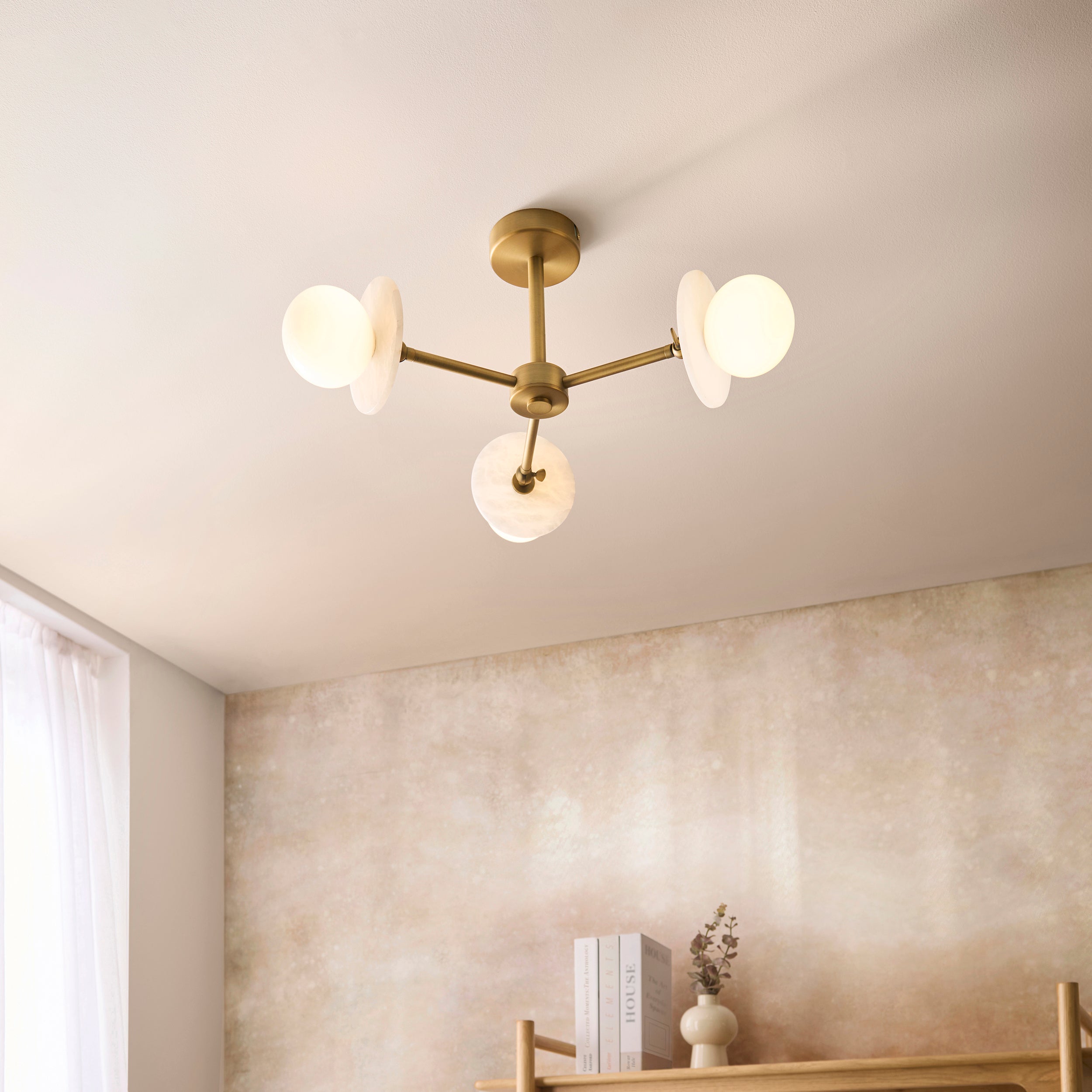Endon Cerchio 3 Light Semi Flush   - Warm Antique Brass Plate, Alabaster Stone & Gloss White Glass