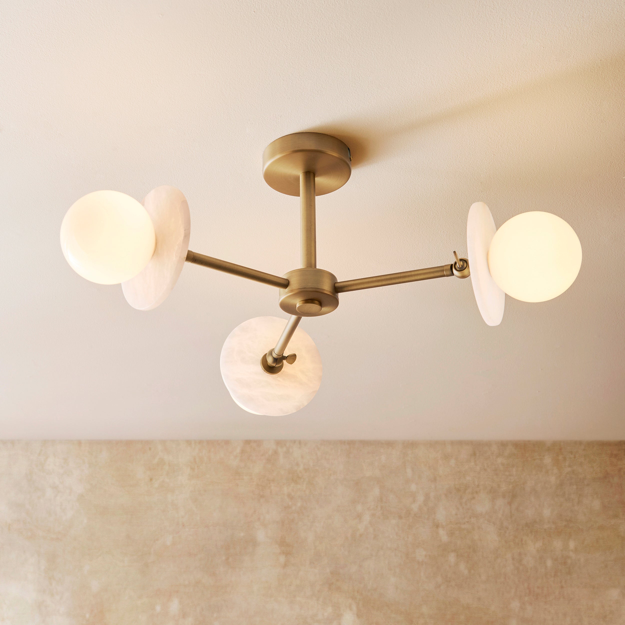 Endon Cerchio 3 Light Semi Flush   - Warm Antique Brass Plate, Alabaster Stone & Gloss White Glass