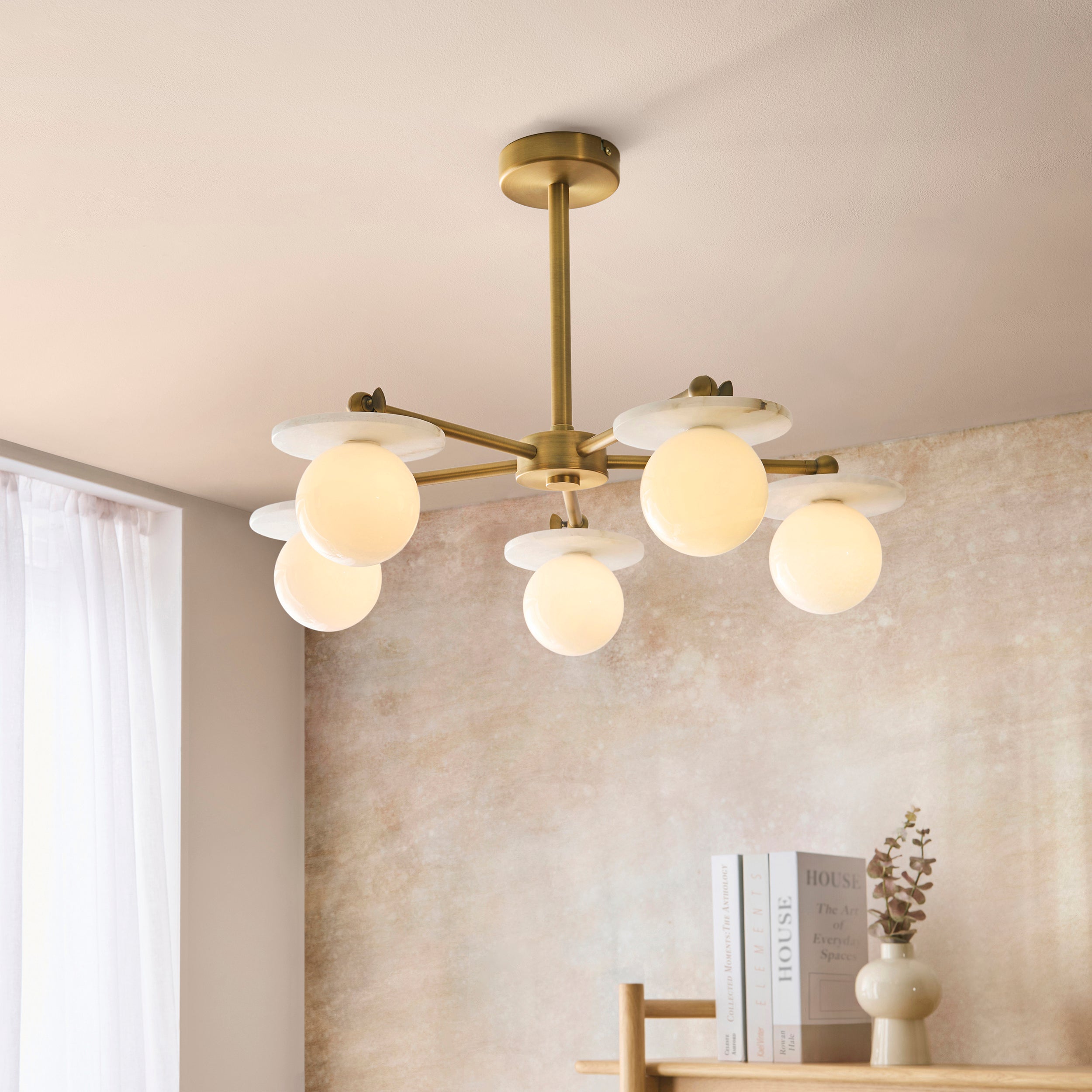Endon Cerchio 5 Light Semi Flush   - Warm Antique Brass Plate, Alabaster Stone & Gloss White Glass