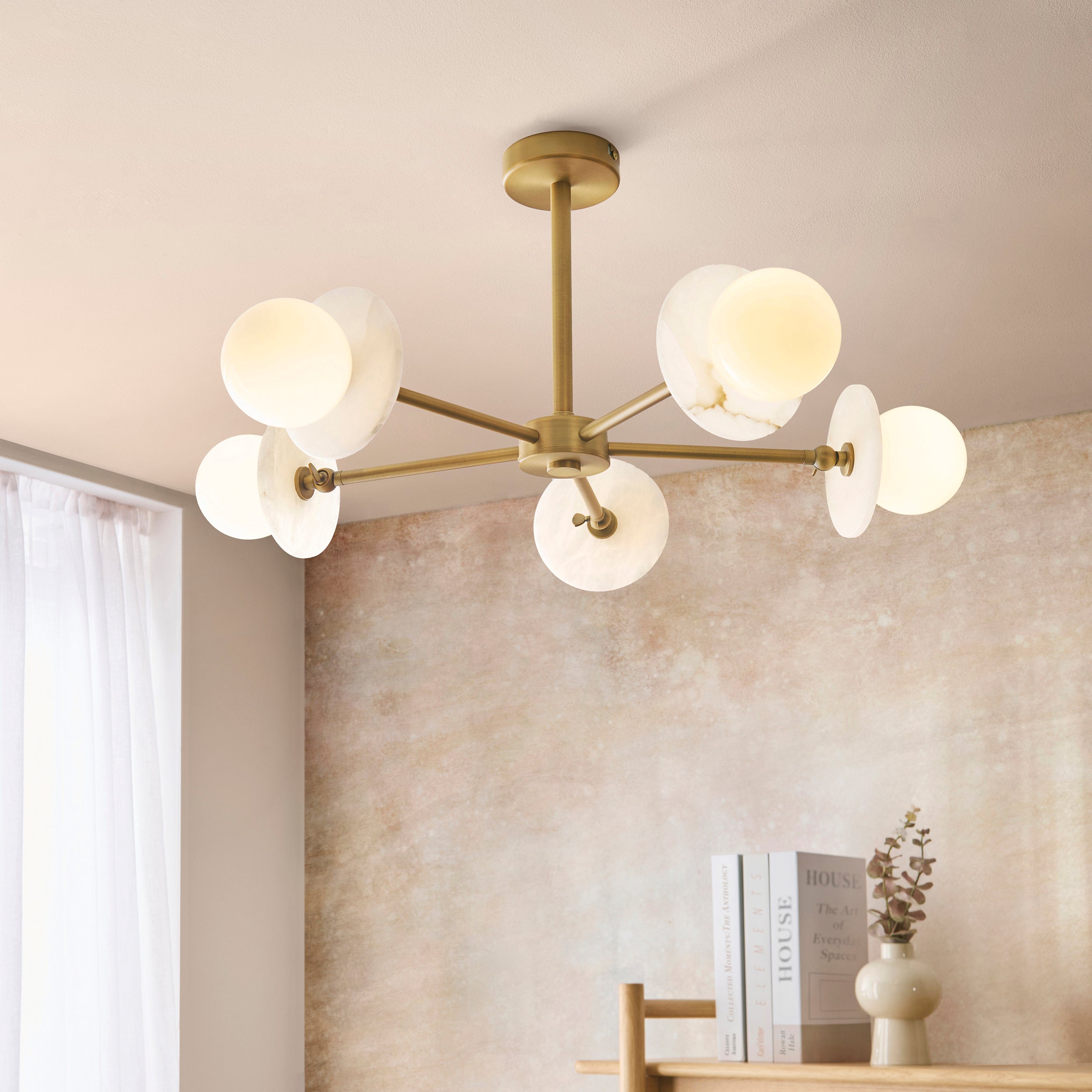 Endon Cerchio 5 Light Semi Flush   - Warm Antique Brass Plate, Alabaster Stone & Gloss White Glass