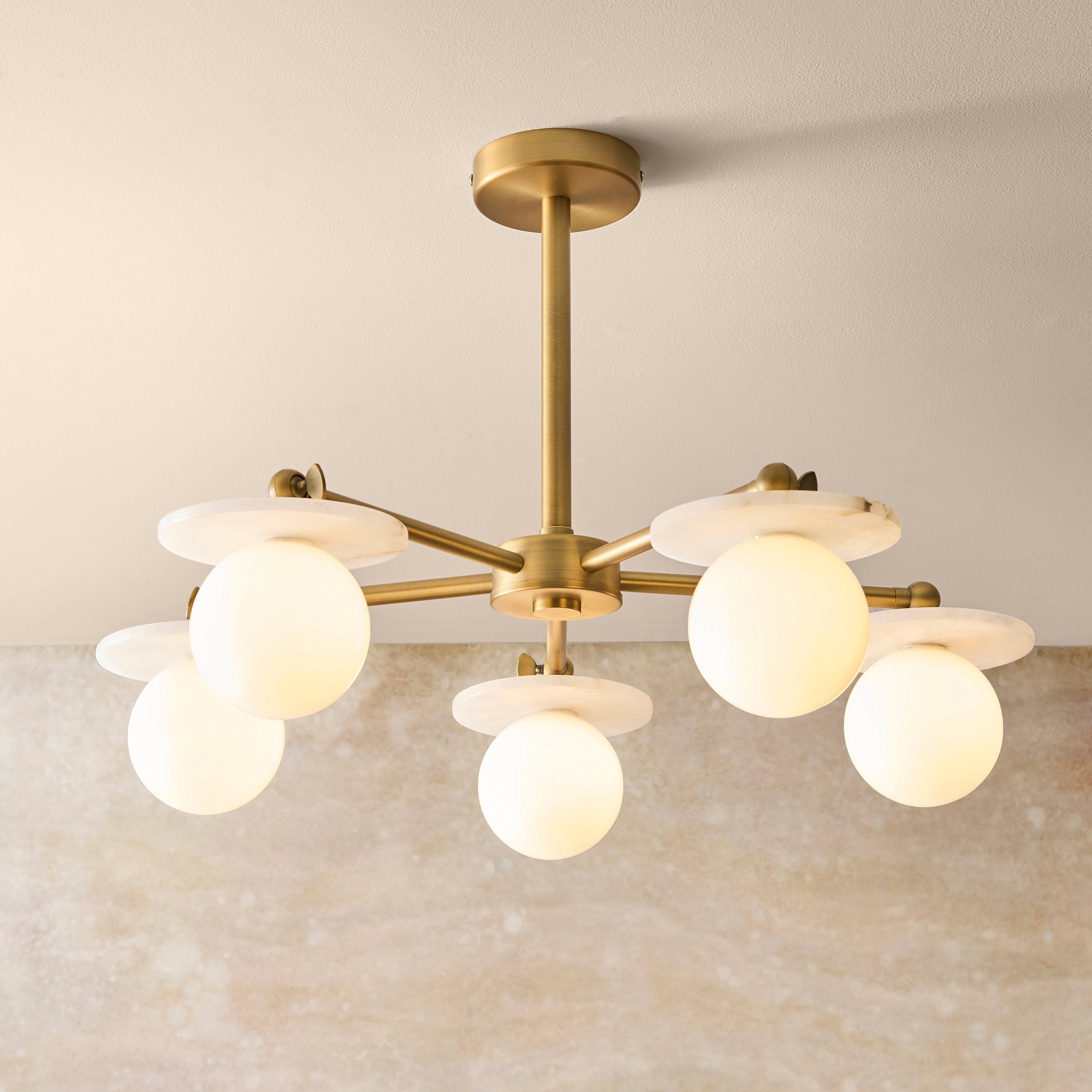 Endon Cerchio 5 Light Semi Flush   - Warm Antique Brass Plate, Alabaster Stone & Gloss White Glass