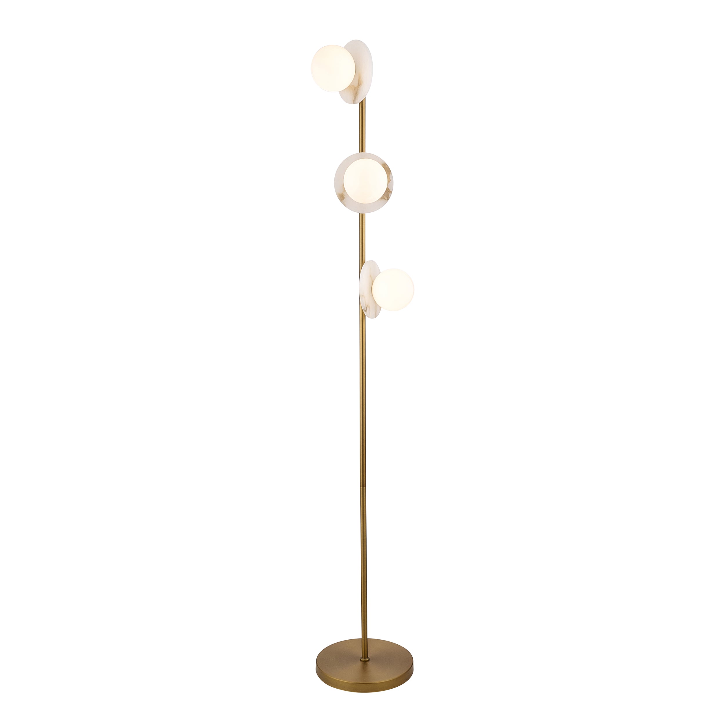 Endon Cerchio 3 Light Floor   - Warm Antique Brass Plate, Alabaster Stone & Gloss White Glass