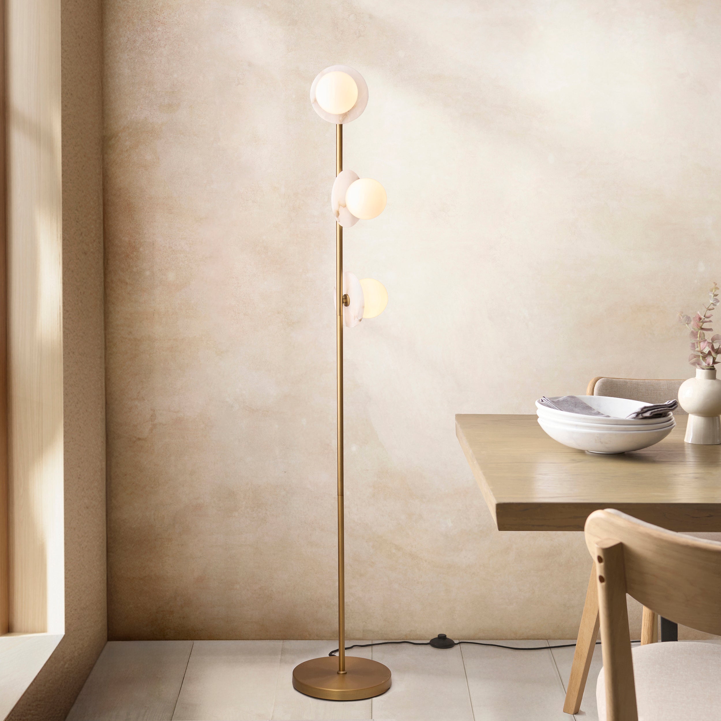 Endon Cerchio 3 Light Floor   - Warm Antique Brass Plate, Alabaster Stone & Gloss White Glass