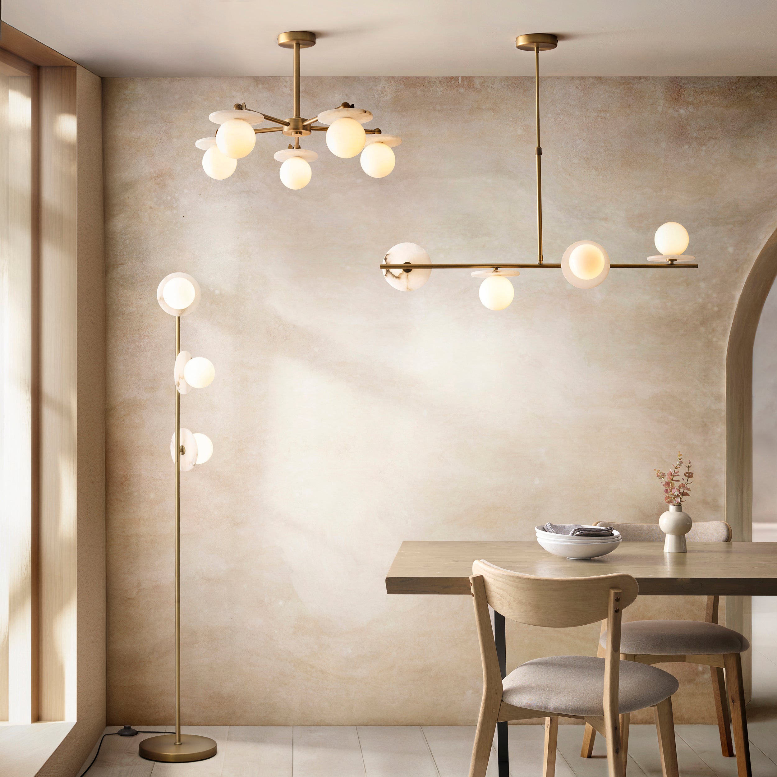Endon Cerchio 3 Light Floor   - Warm Antique Brass Plate, Alabaster Stone & Gloss White Glass