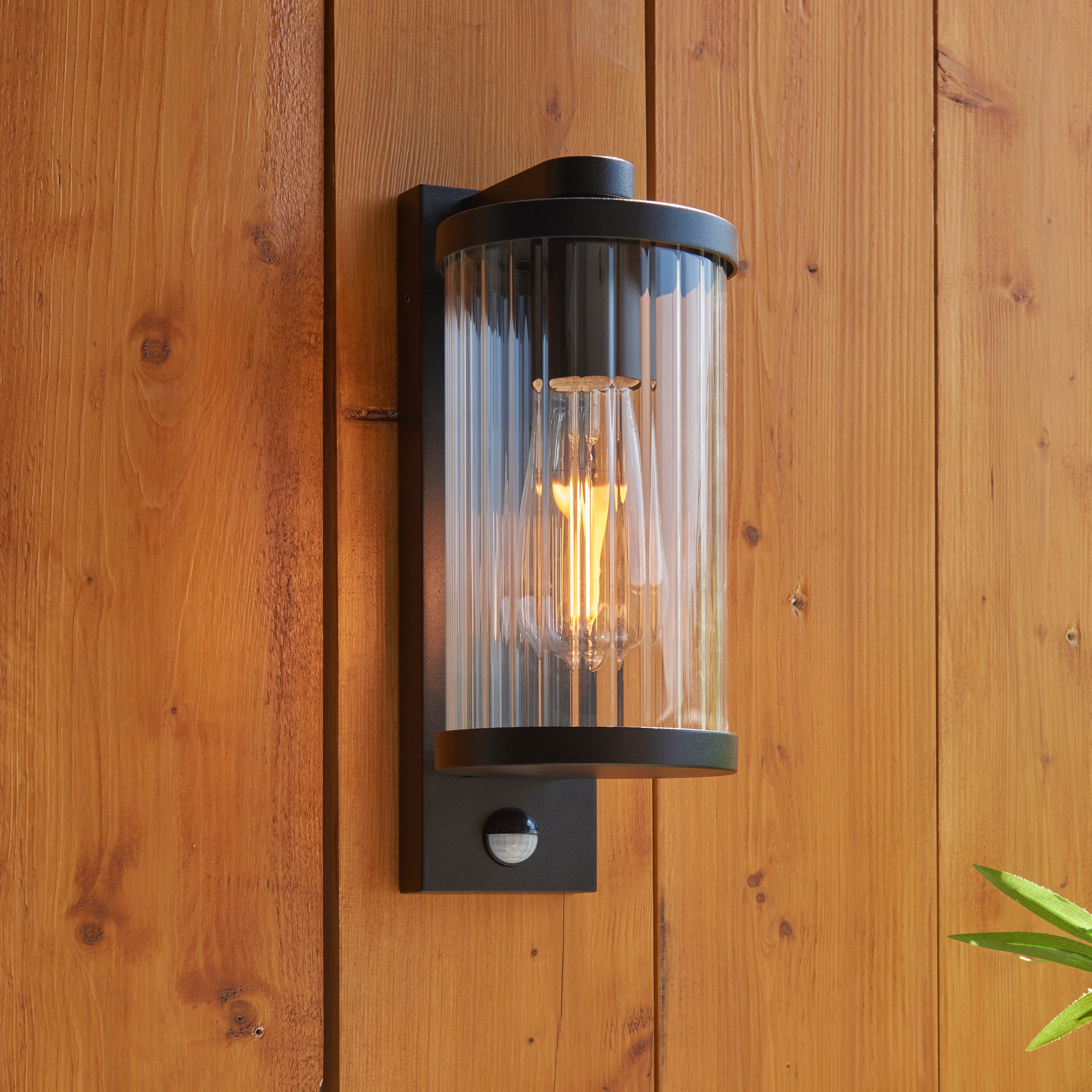 Endon Newcombe Pir Wall Light - Matt Black & Clear Ribbed Glass