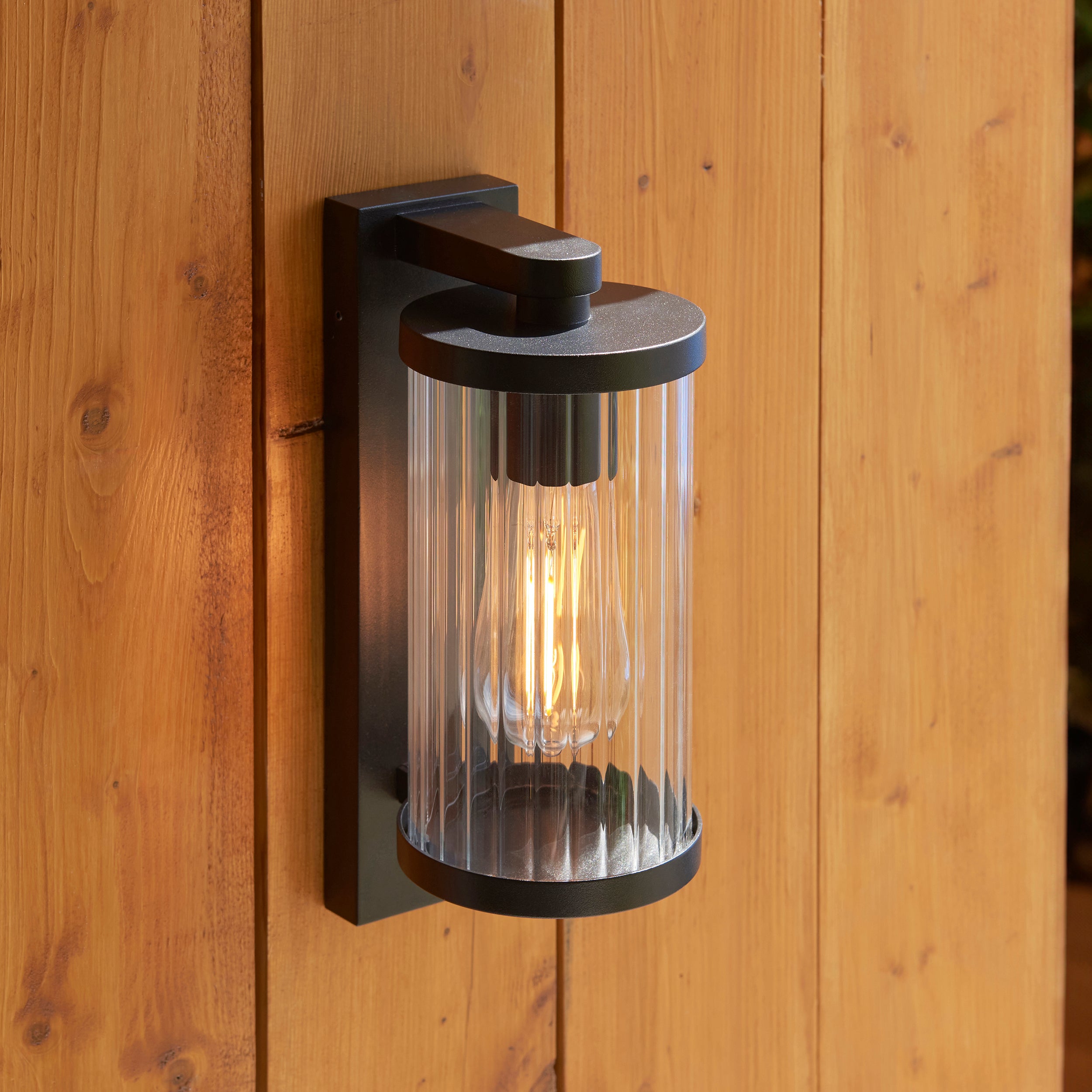 Endon Newcombe Pir Wall Light - Matt Black & Clear Ribbed Glass