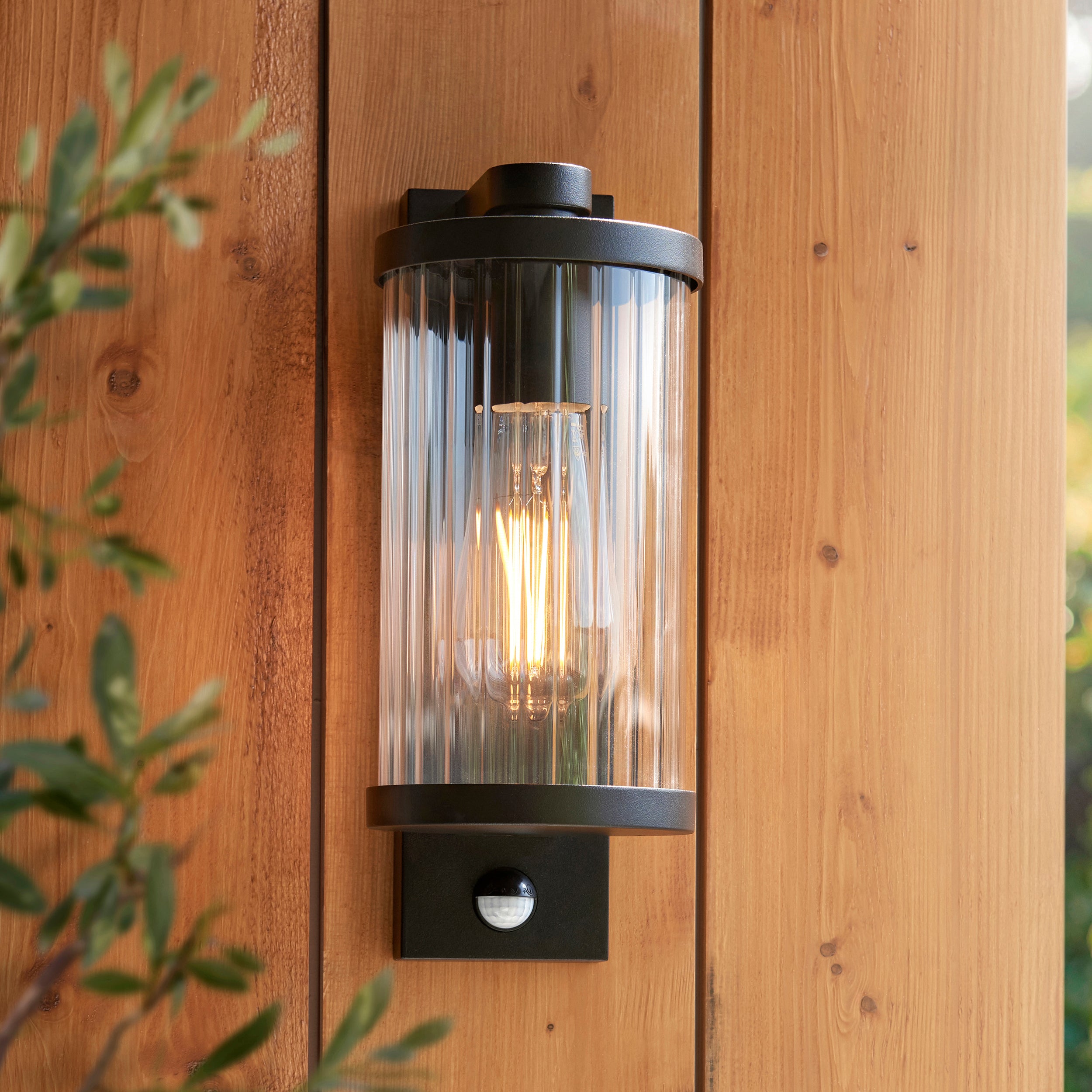 Endon Newcombe Pir Wall Light - Matt Black & Clear Ribbed Glass
