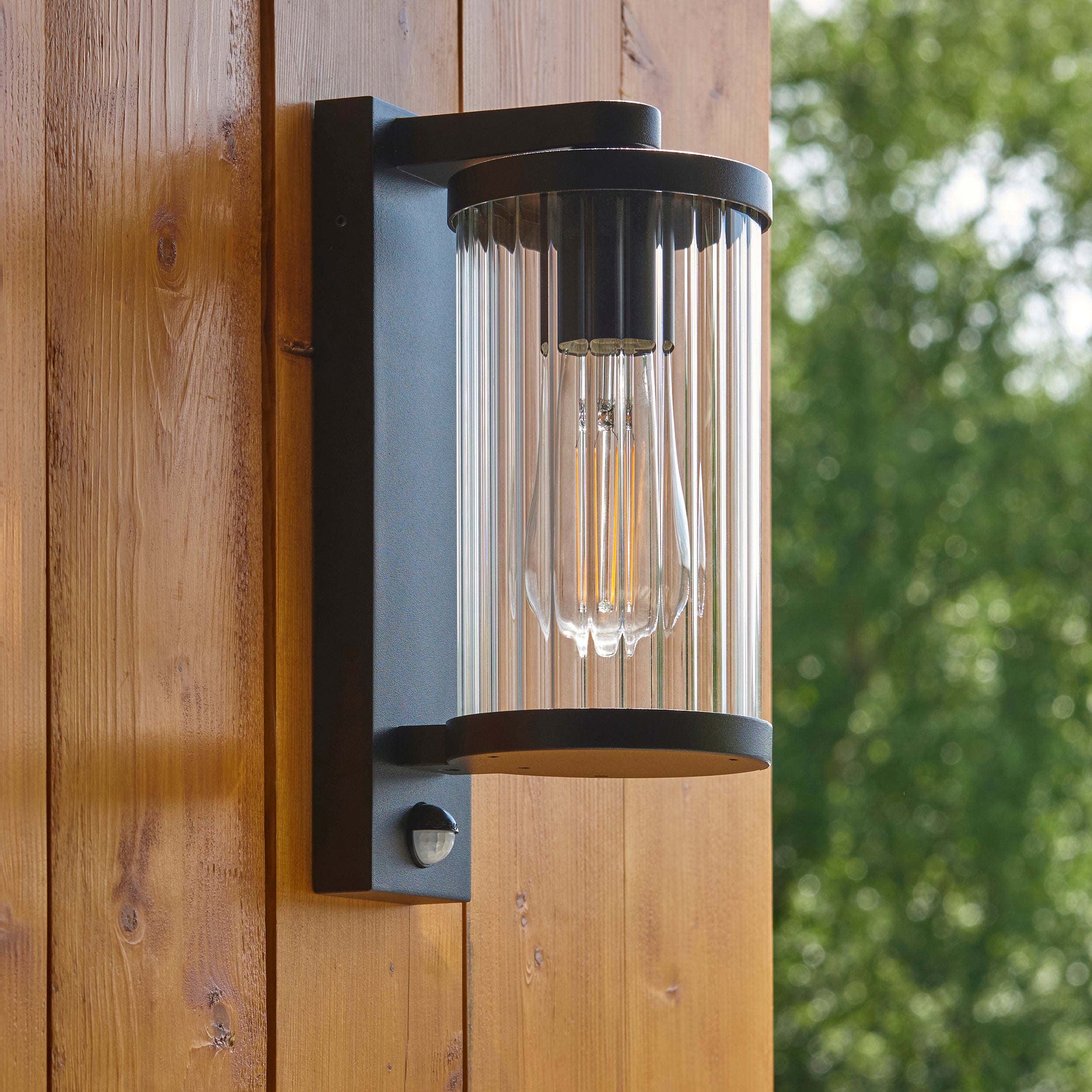 Endon Newcombe Pir Wall Light - Matt Black & Clear Ribbed Glass