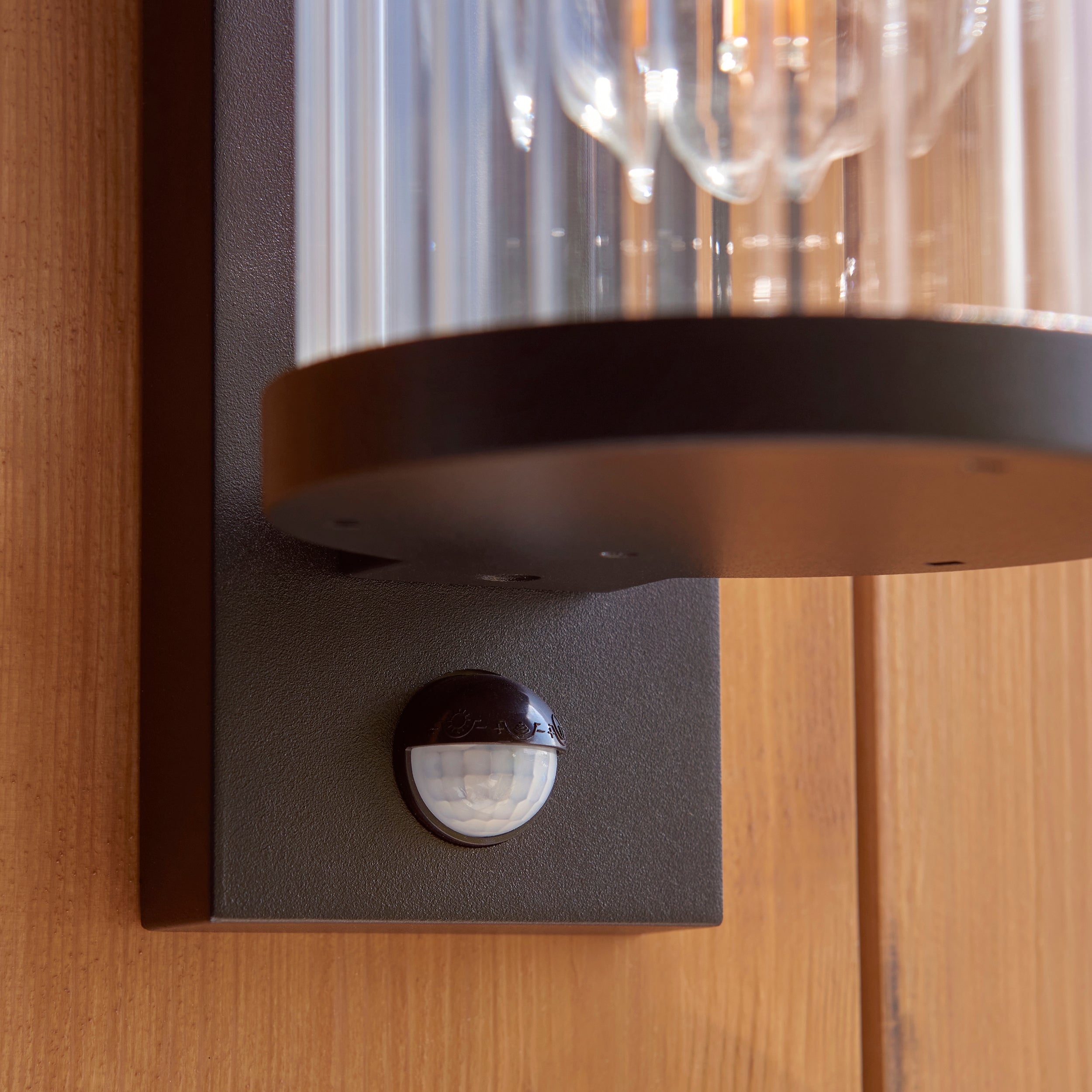 Endon Newcombe Pir Wall Light - Matt Black & Clear Ribbed Glass