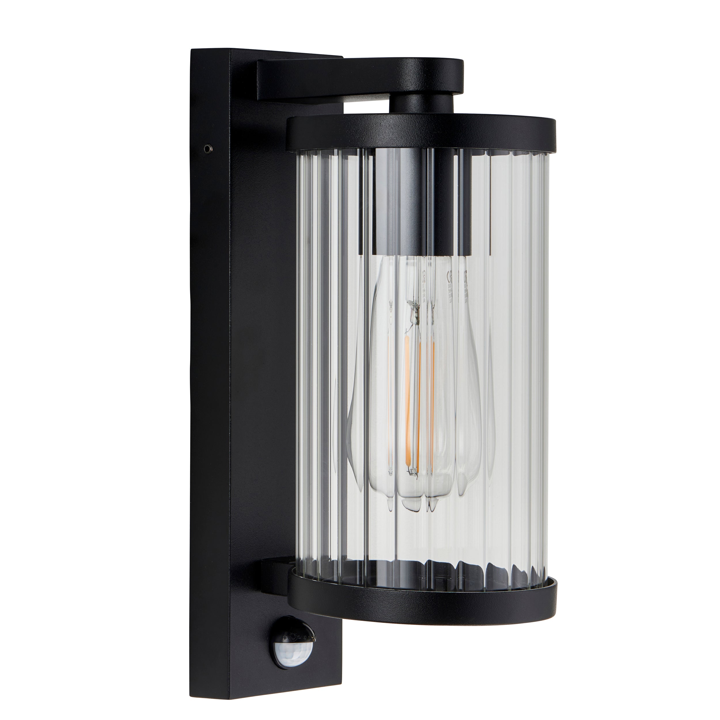 Endon Newcombe Pir Wall Light - Matt Black & Clear Ribbed Glass