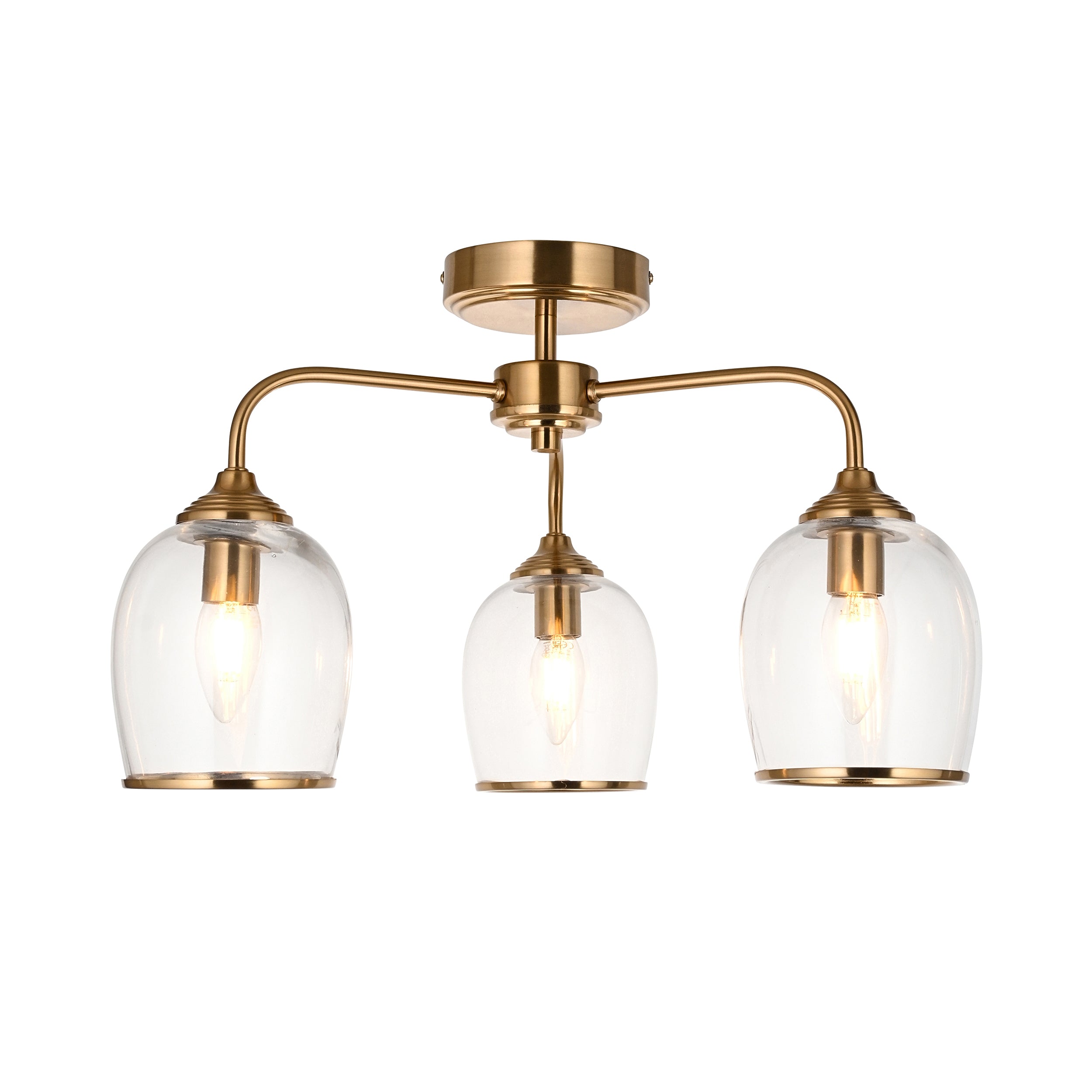 Endon Ashcroft 3 Light Semi Flush Ceiling Light - Brushed Aged Brass Plate & Clear Glass
