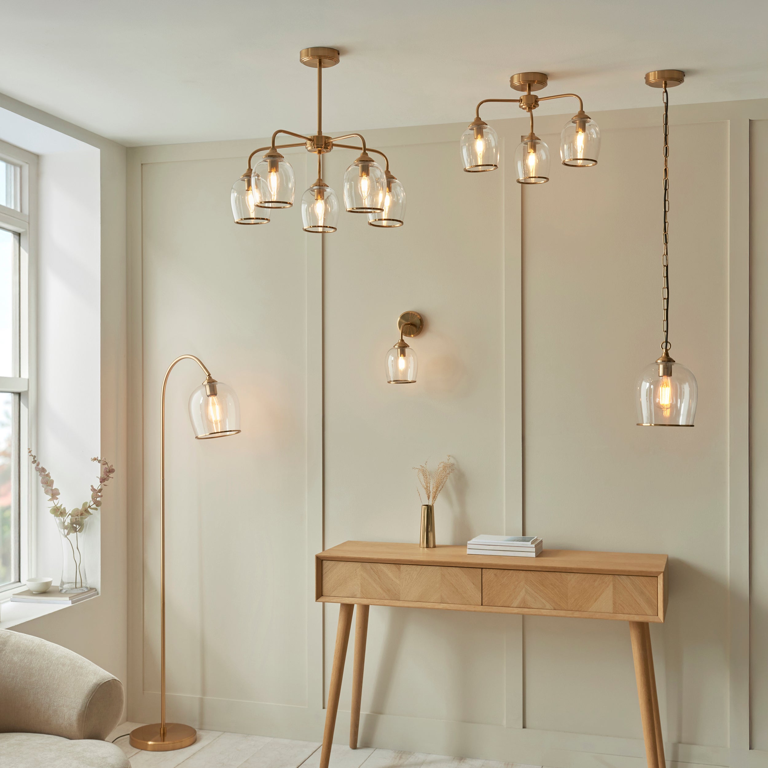 Endon Ashcroft 3 Light Semi Flush Ceiling Light - Brushed Aged Brass Plate & Clear Glass