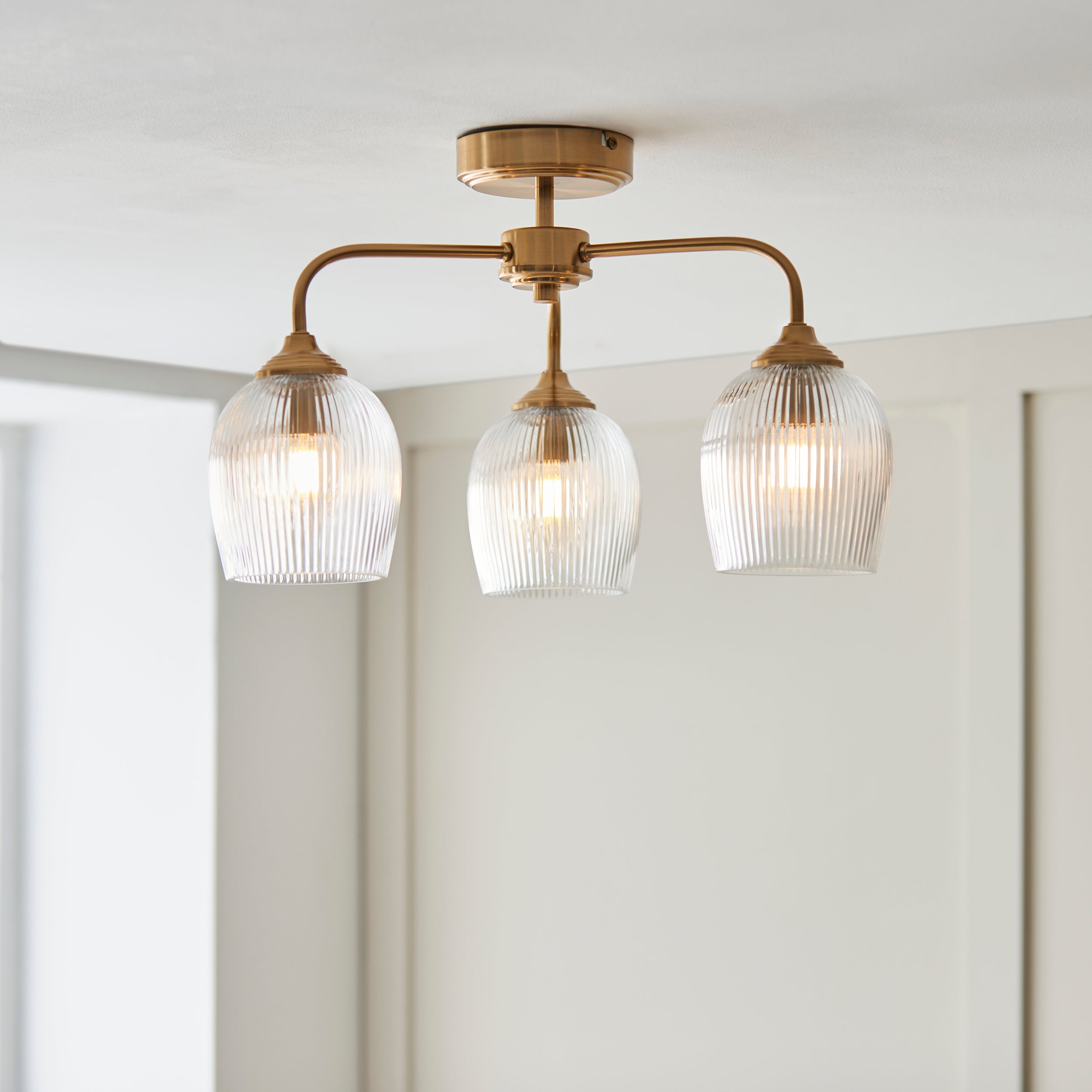 Endon Ashcroft Ribbed 3 Light Semi Flush Ceiling Light - Brushed Aged Brass Plate & Clear Ribbed Glass