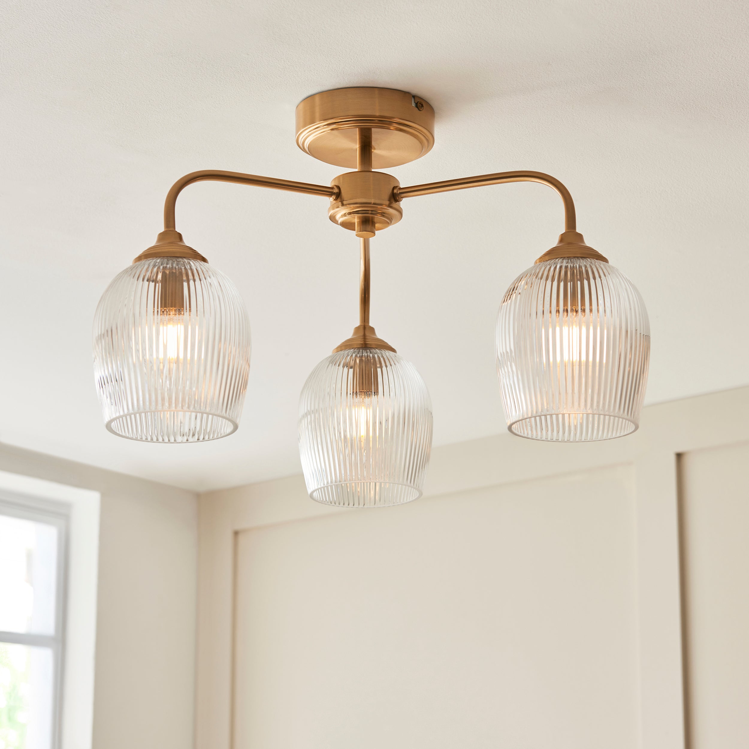Endon Ashcroft Ribbed 3 Light Semi Flush Ceiling Light - Brushed Aged Brass Plate & Clear Ribbed Glass