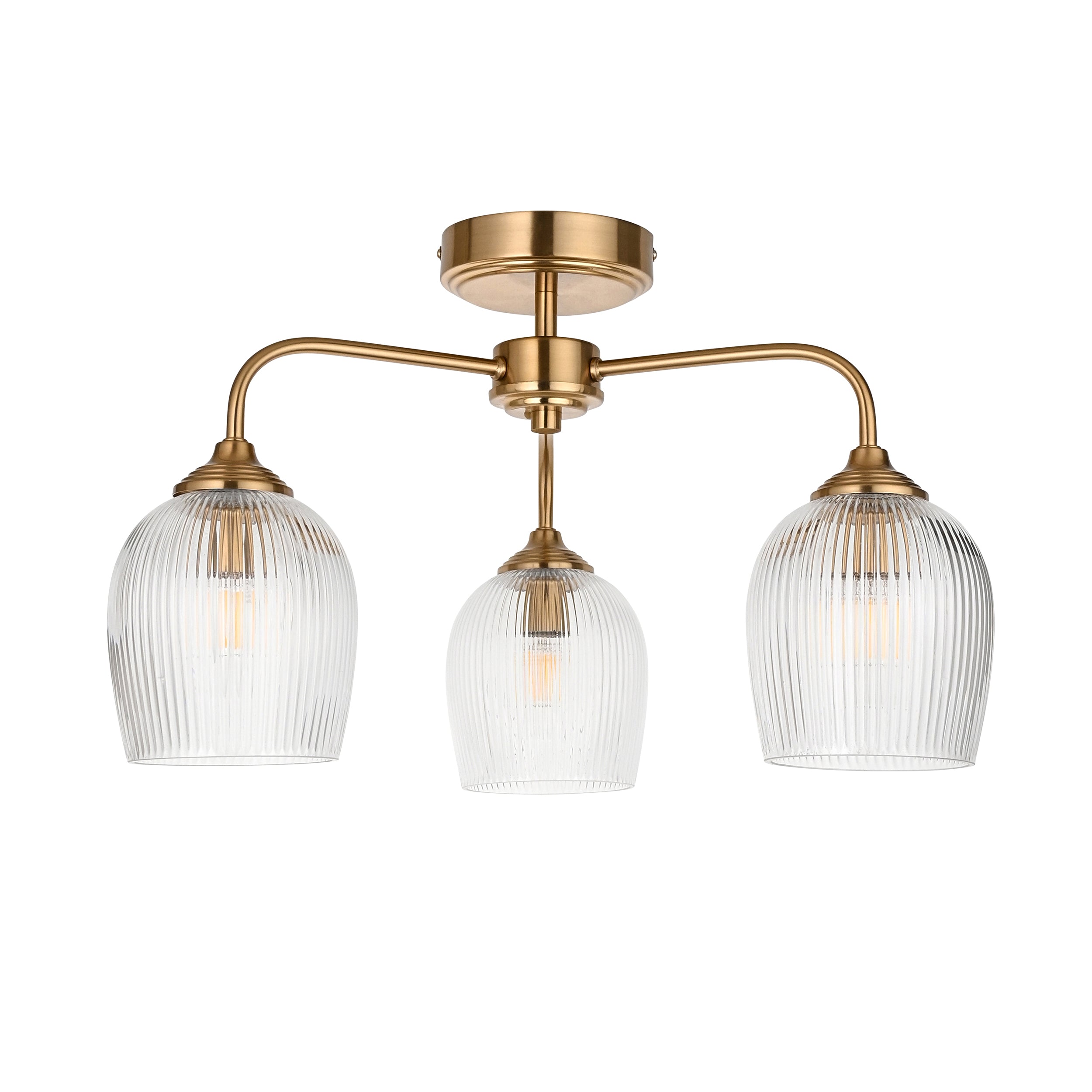 Endon Ashcroft Ribbed 3 Light Semi Flush Ceiling Light - Brushed Aged Brass Plate & Clear Ribbed Glass