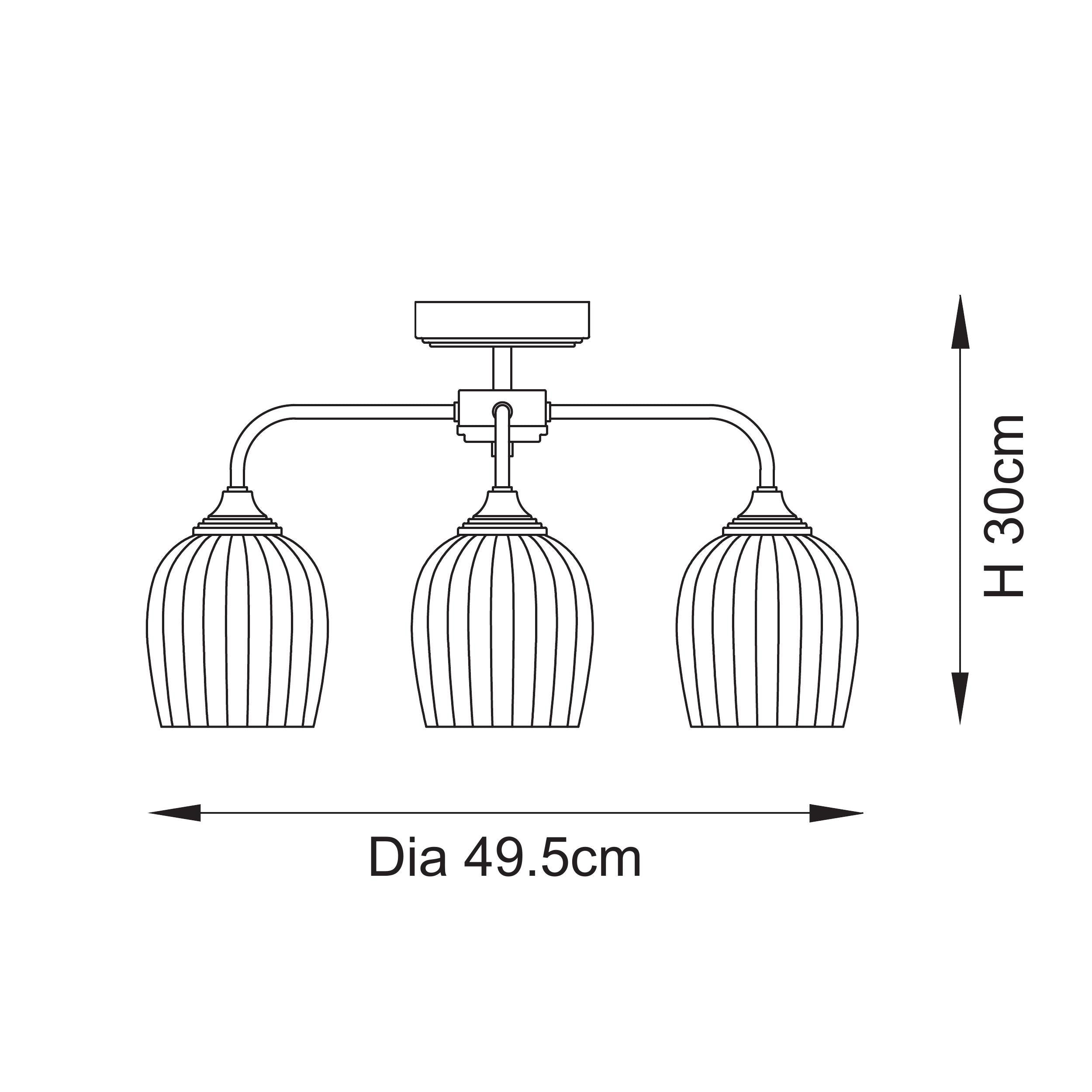 Endon Ashcroft Ribbed 3 Light Semi Flush Ceiling Light - Brushed Aged Brass Plate & Clear Ribbed Glass