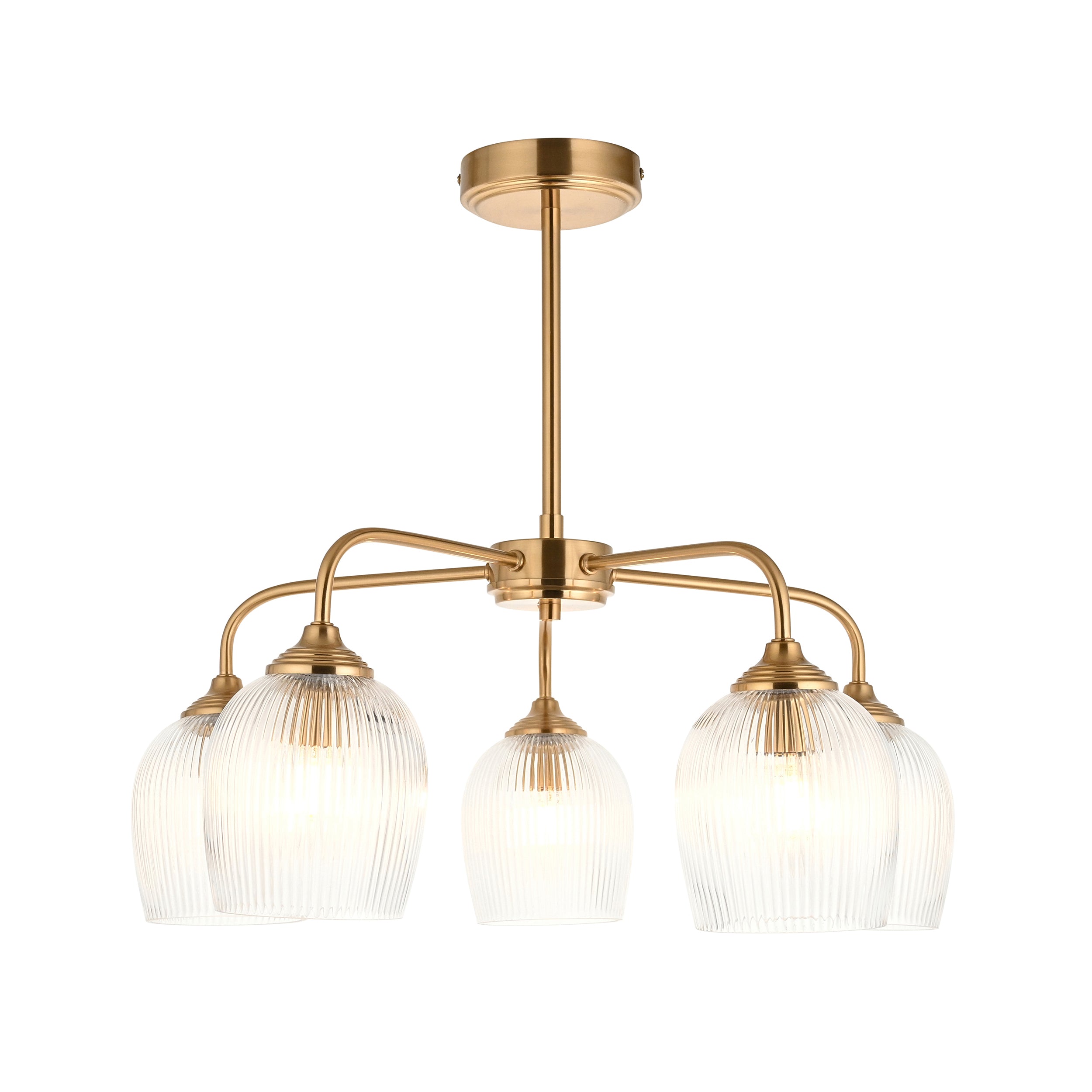 Endon Ashcroft Ribbed 5 Light Pendant - Brushed Aged Brass Plate & Clear Ribbed Glass
