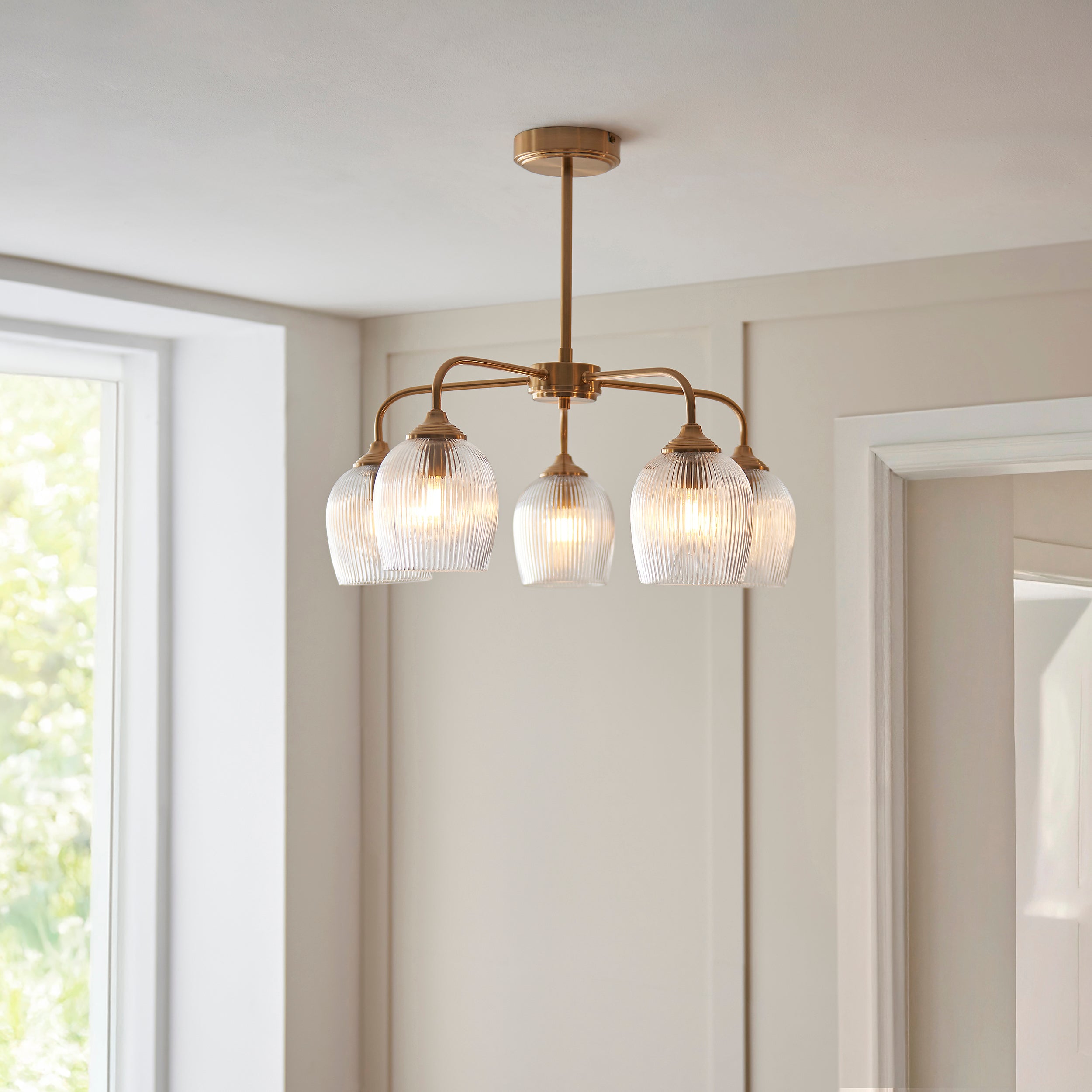 Endon Ashcroft Ribbed 5 Light Pendant - Brushed Aged Brass Plate & Clear Ribbed Glass