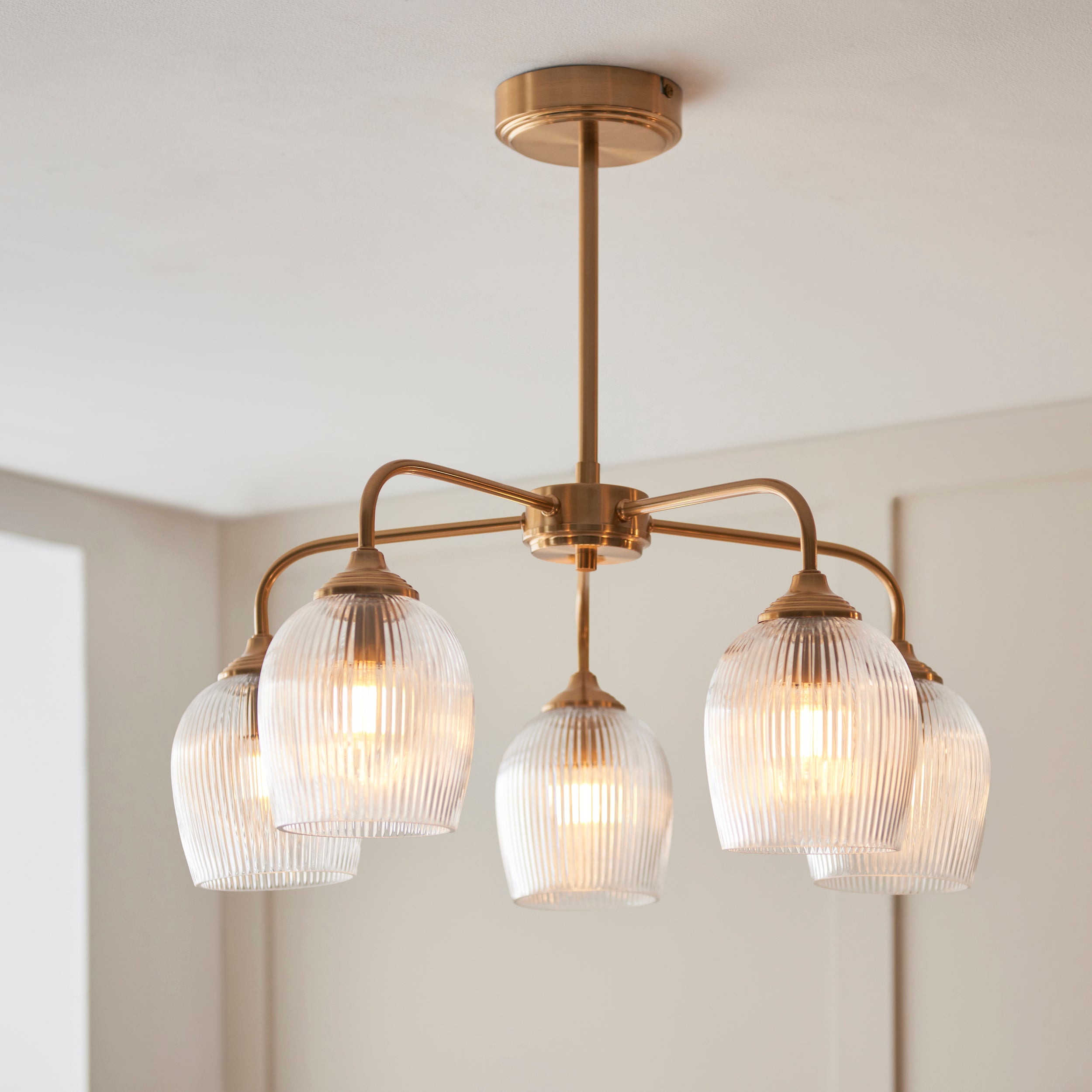 Endon Ashcroft Ribbed 5 Light Pendant - Brushed Aged Brass Plate & Clear Ribbed Glass