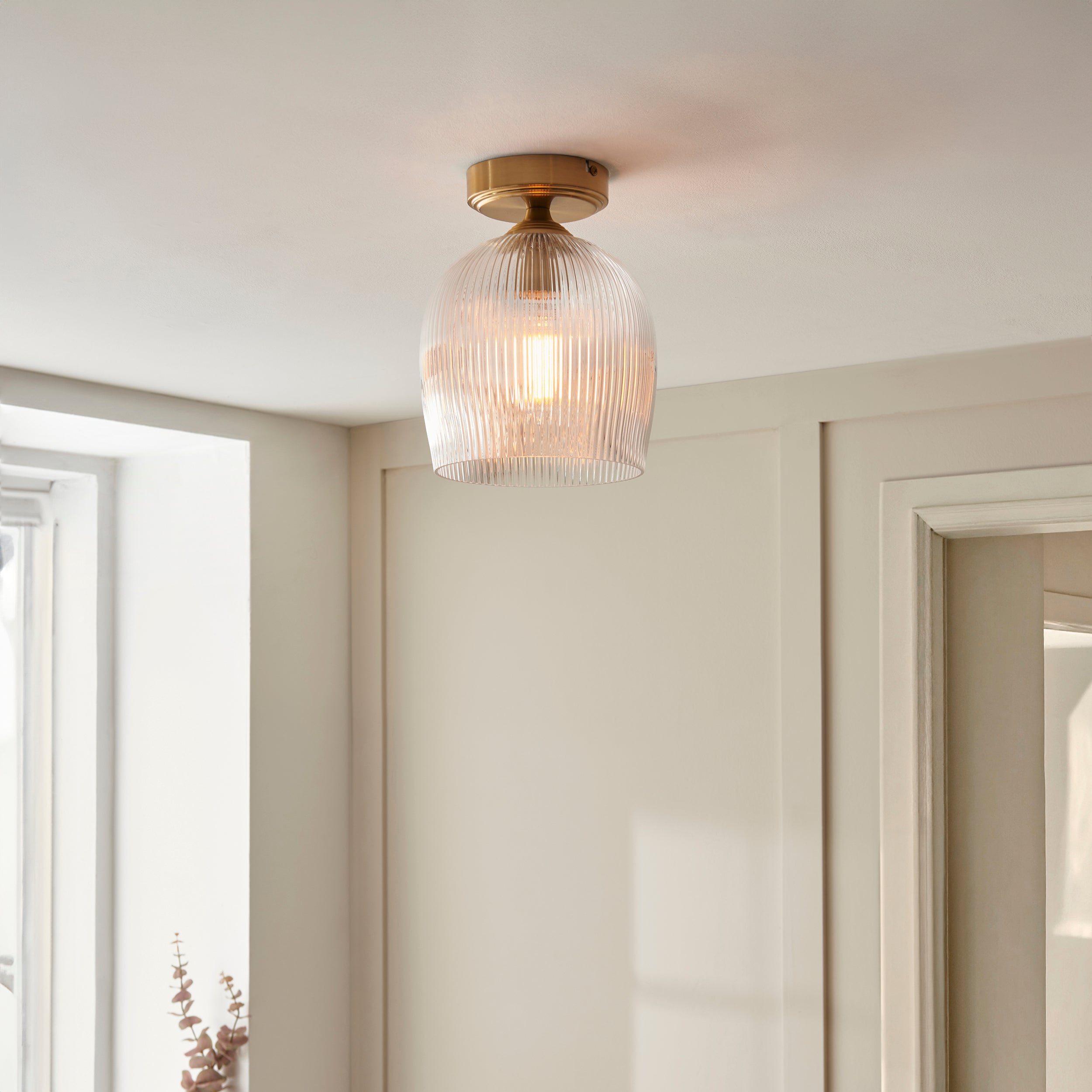 Endon Ashcroft Ribbed Flush Ceiling Light - Brushed Aged Brass Plate & Clear Ribbed Glass