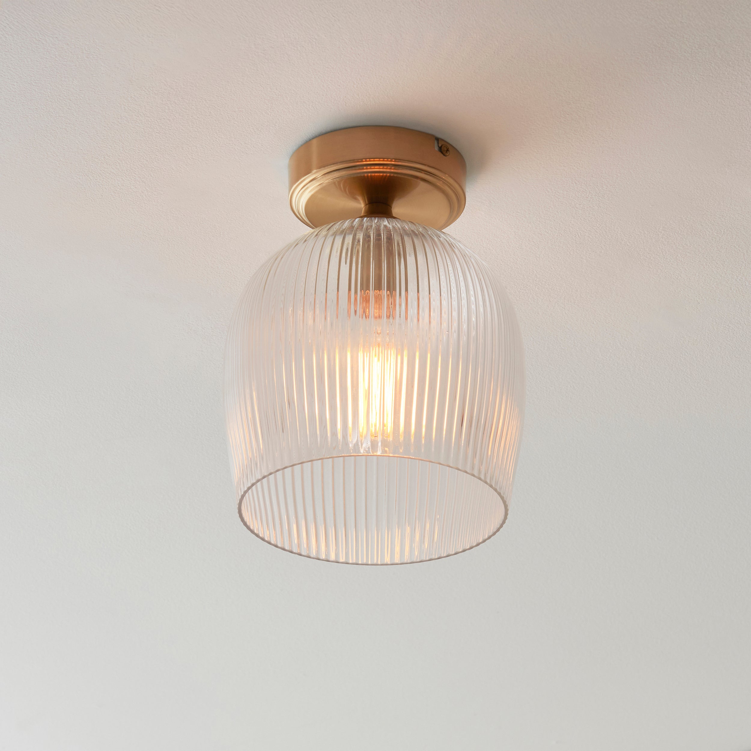 Endon Ashcroft Ribbed Flush Ceiling Light - Brushed Aged Brass Plate & Clear Ribbed Glass