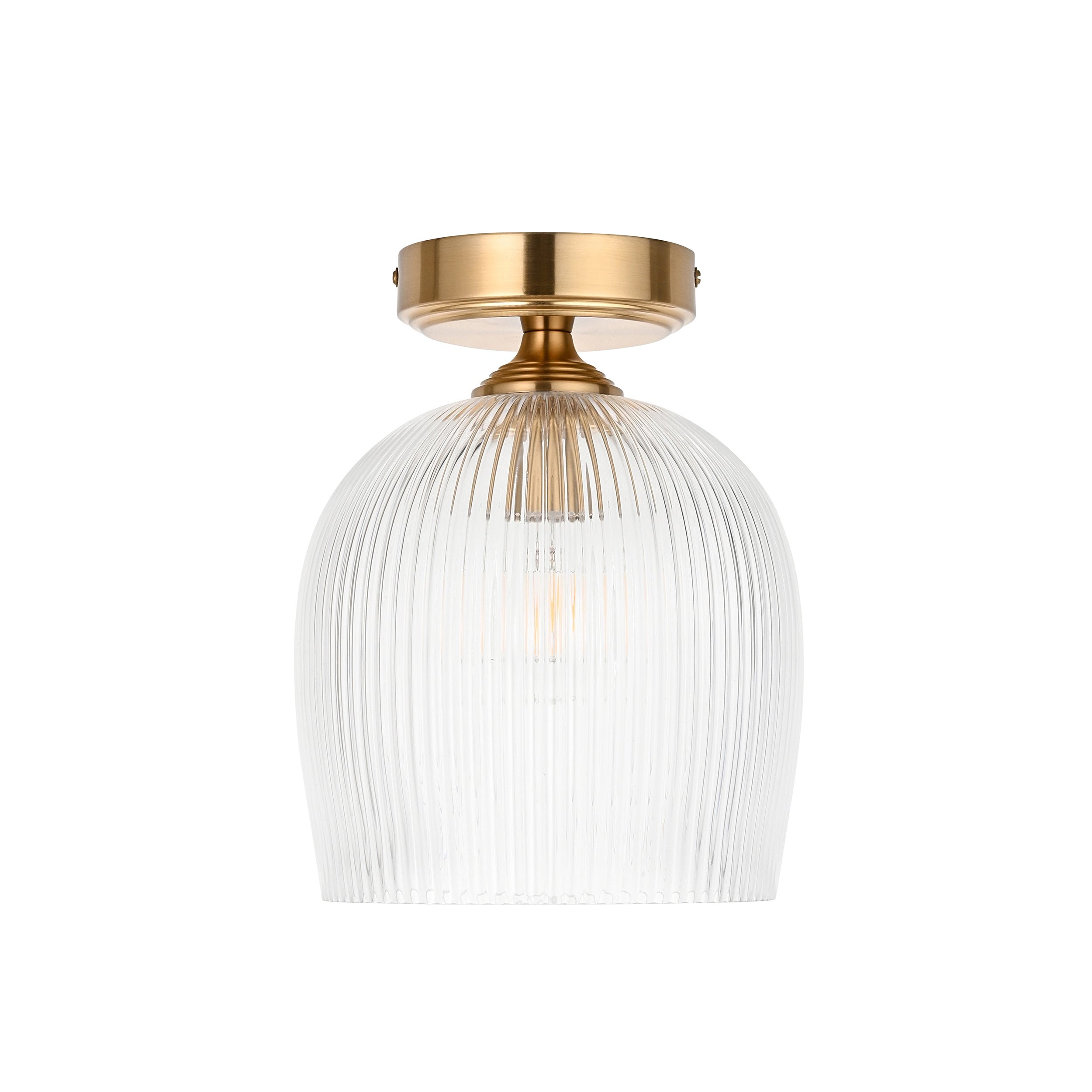Endon Ashcroft Ribbed Flush Ceiling Light - Brushed Aged Brass Plate & Clear Ribbed Glass