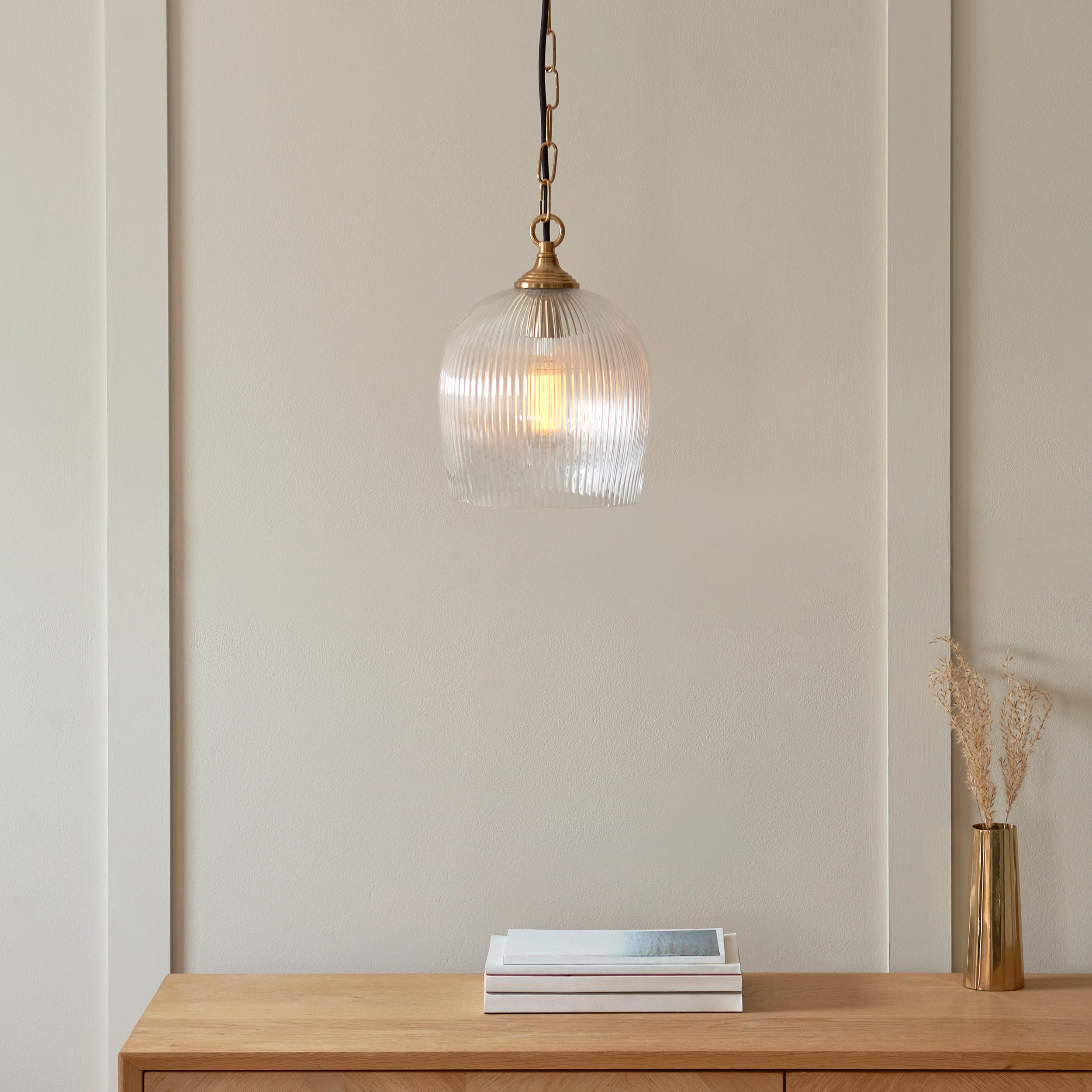 Endon Ashcroft Ribbed Pendant - Brushed Aged Brass Plate & Clear Ribbed Glass