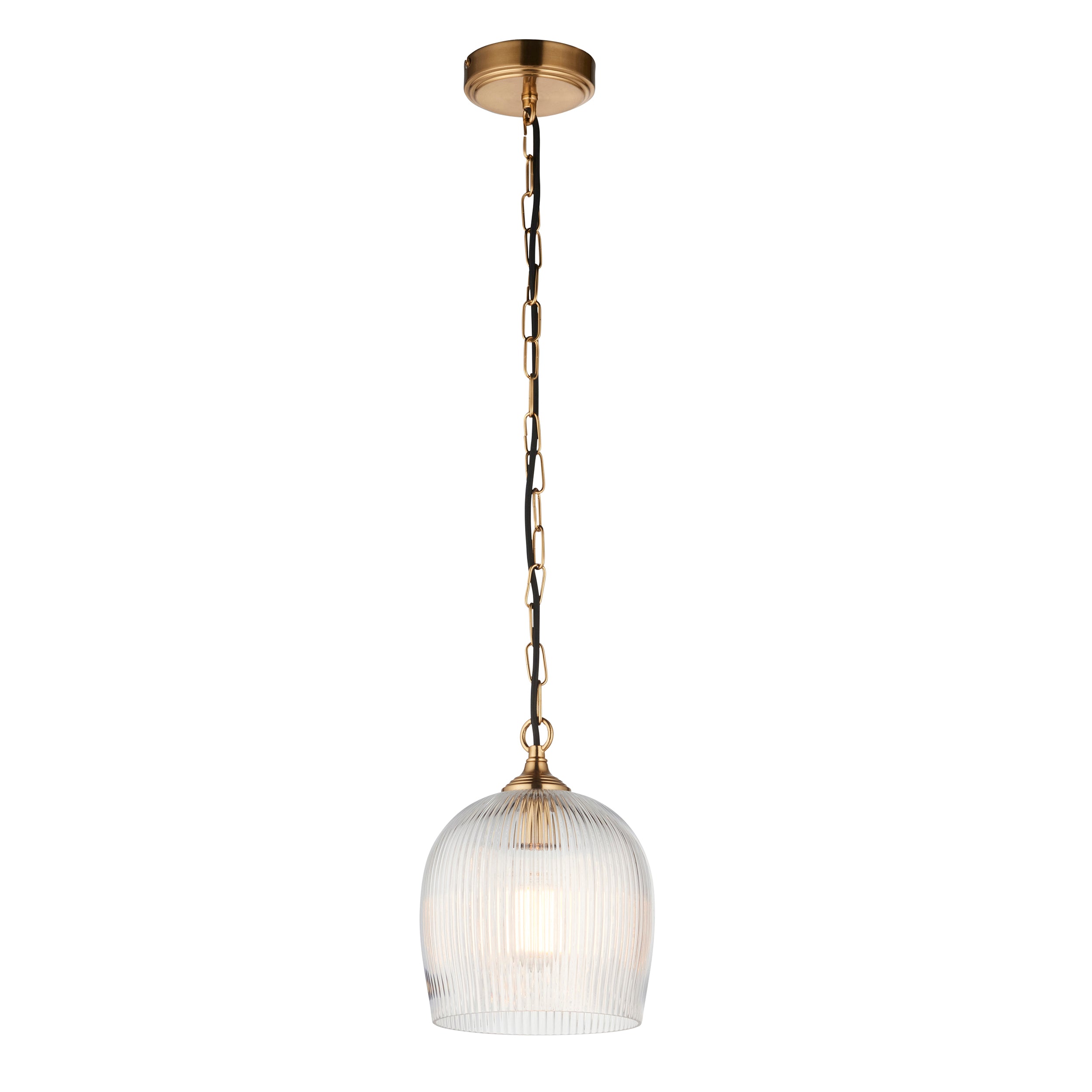 Endon Ashcroft Ribbed Pendant - Brushed Aged Brass Plate & Clear Ribbed Glass