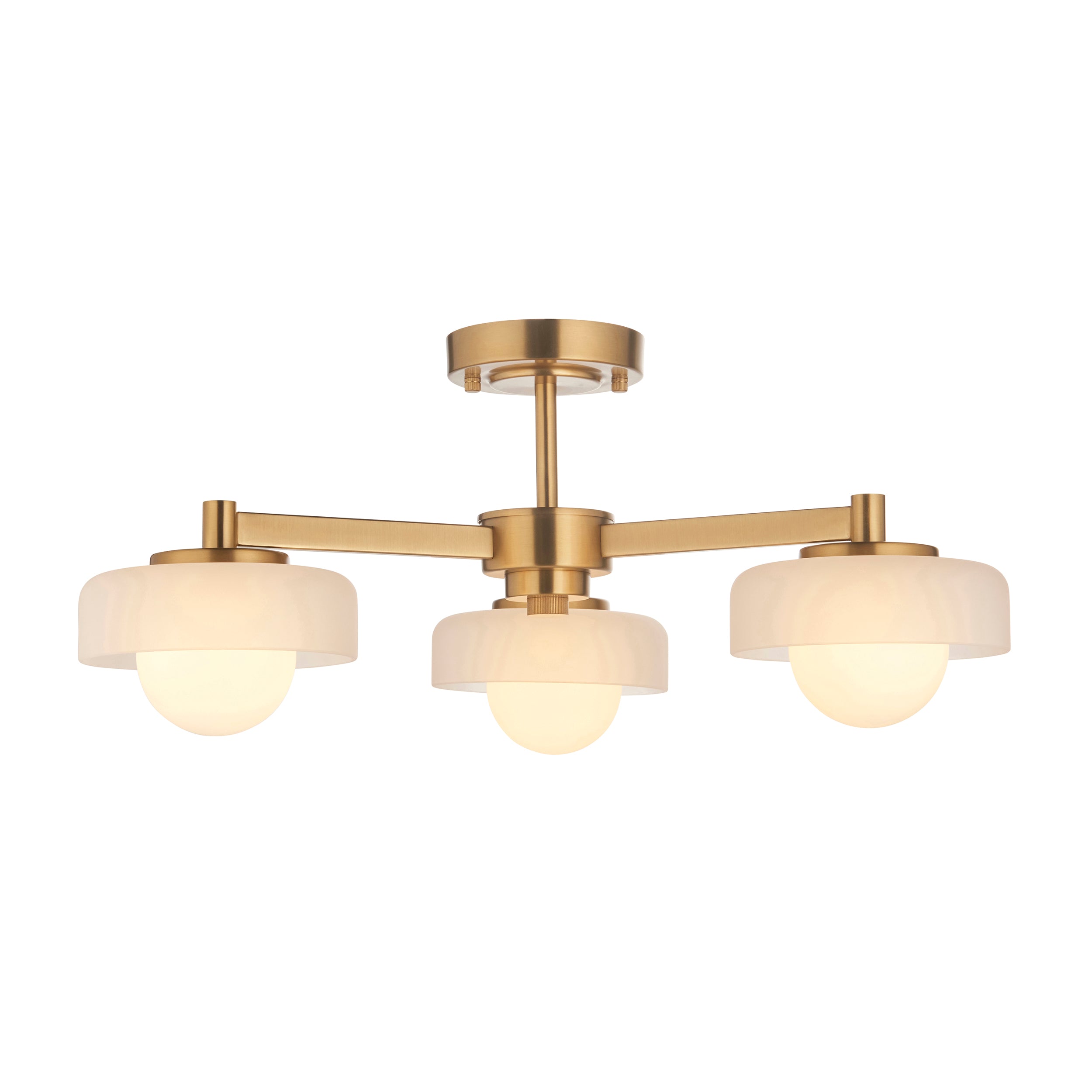 Endon Boss 3 Light Semi Flush Ceiling Light - Brushed Aged Brass Plate With Frosted & Opal Glass