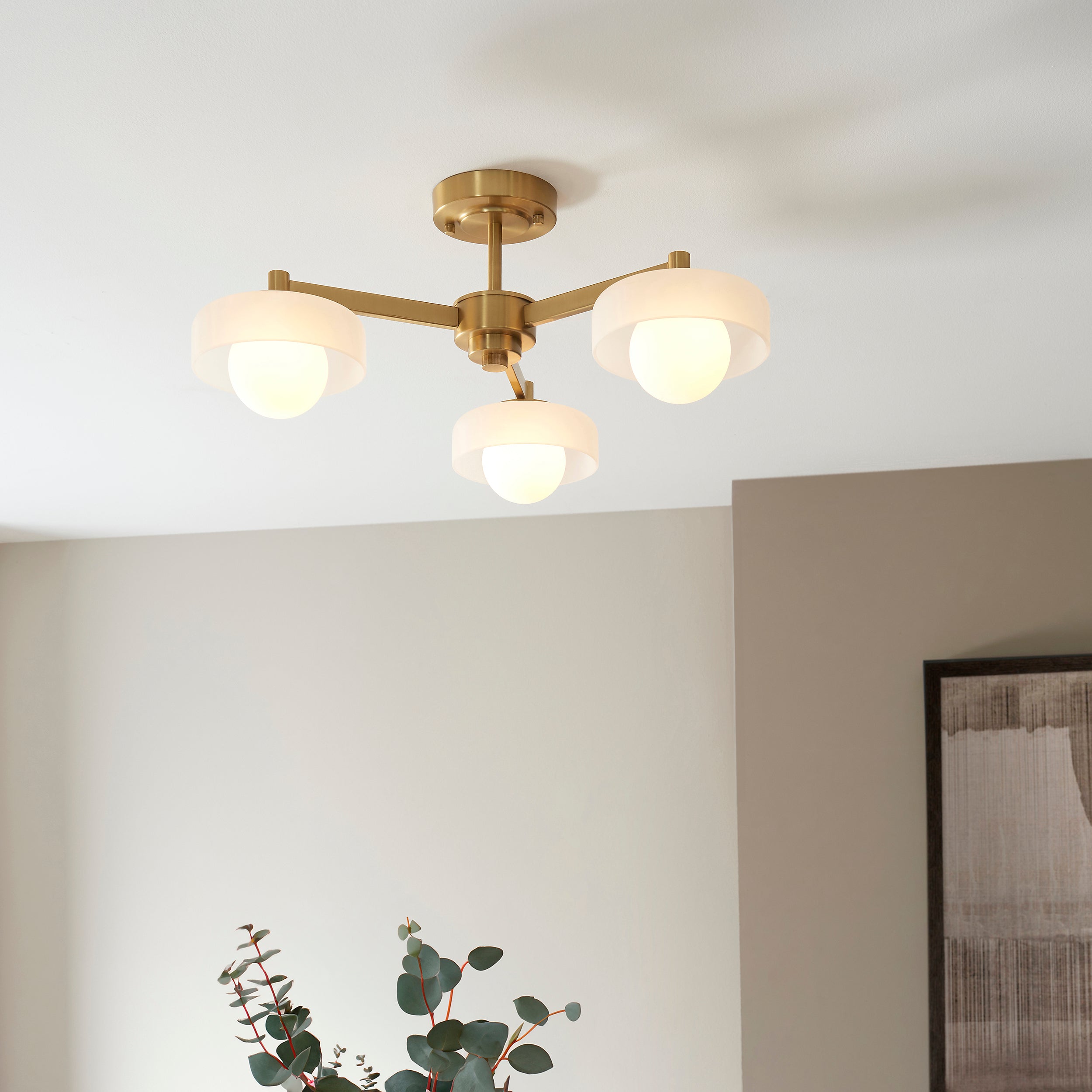 Endon Boss 3 Light Semi Flush Ceiling Light - Brushed Aged Brass Plate With Frosted & Opal Glass