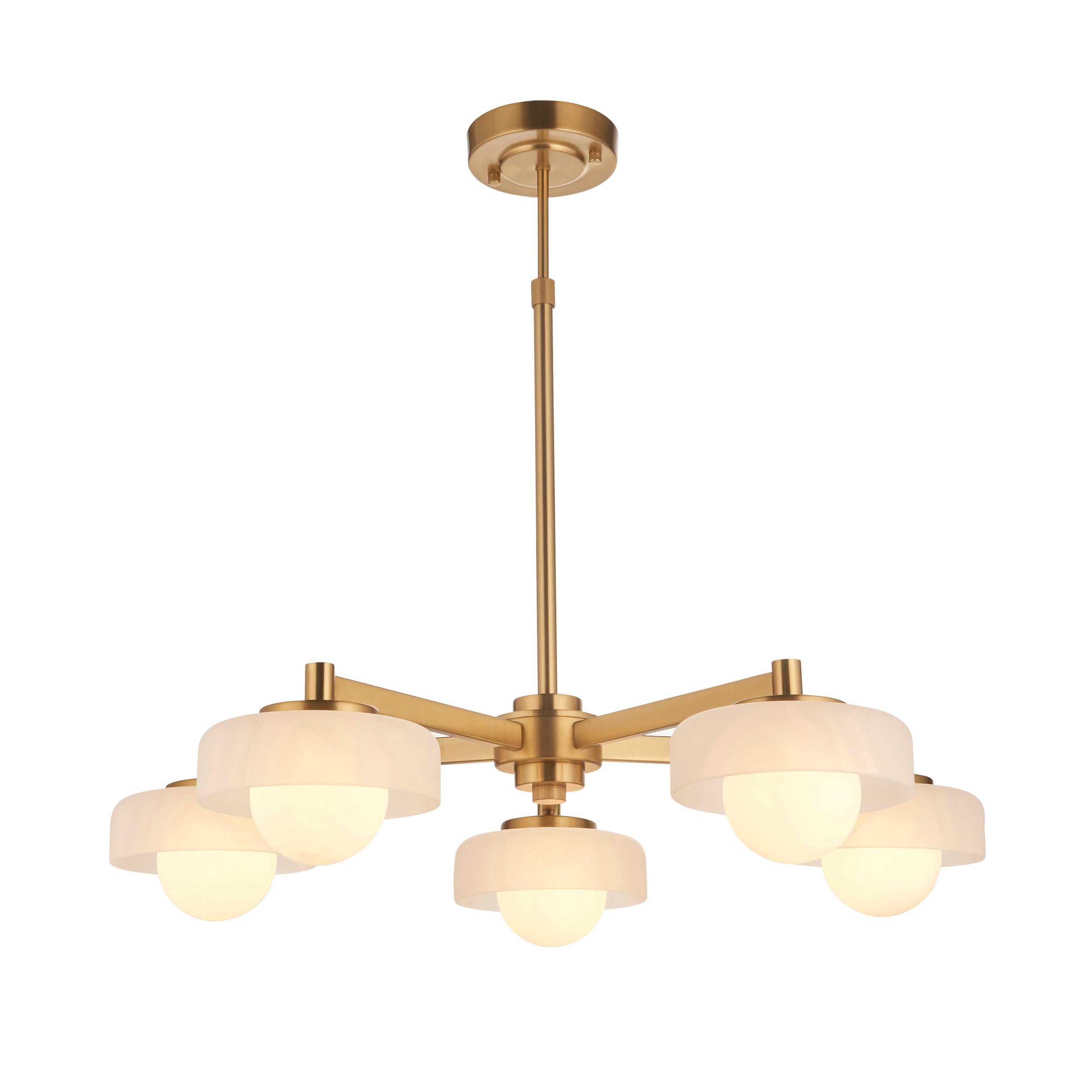 Endon Boss 5 Light Pendant - Brushed Aged Brass Plate With Frosted & Opal Glass