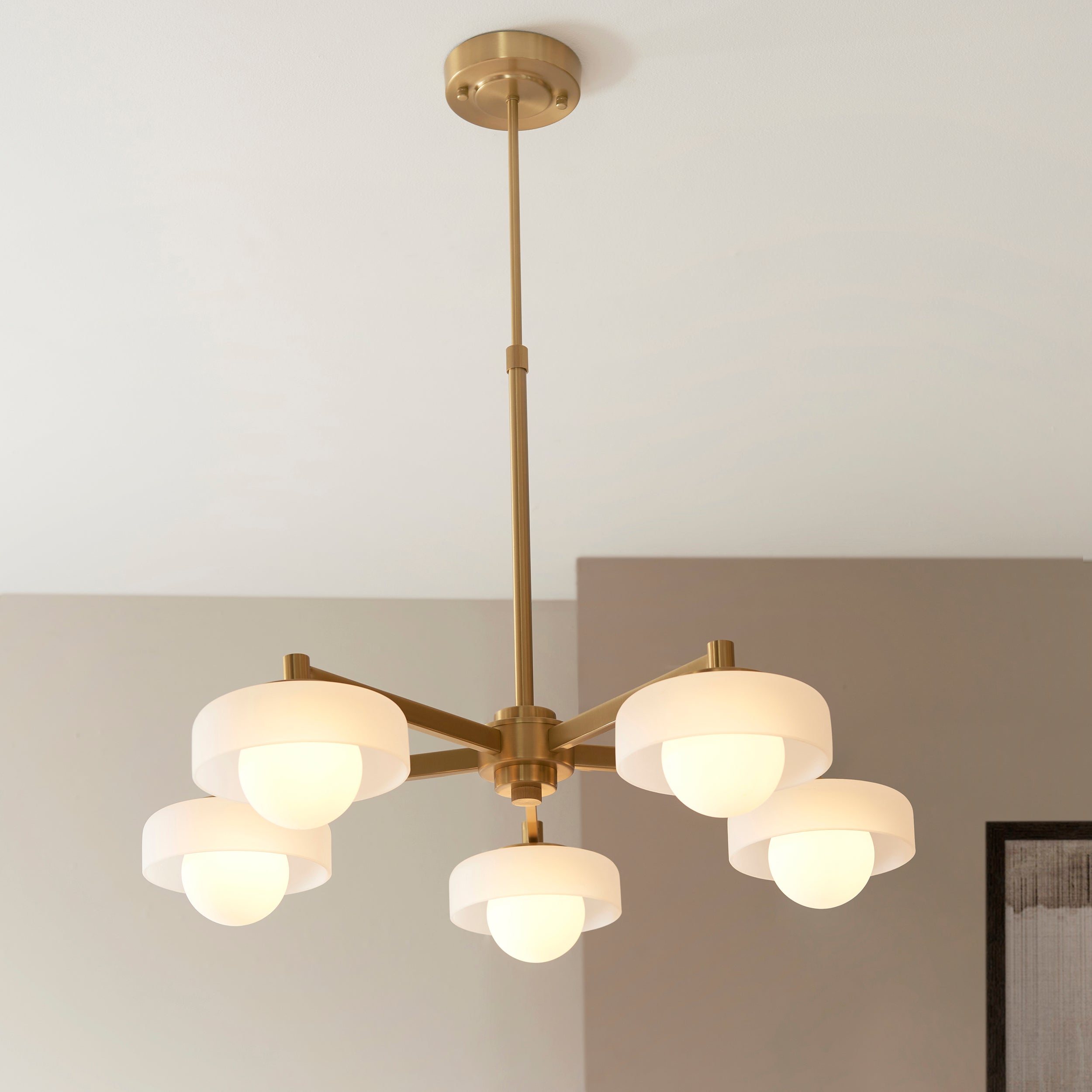 Endon Boss 5 Light Pendant - Brushed Aged Brass Plate With Frosted & Opal Glass