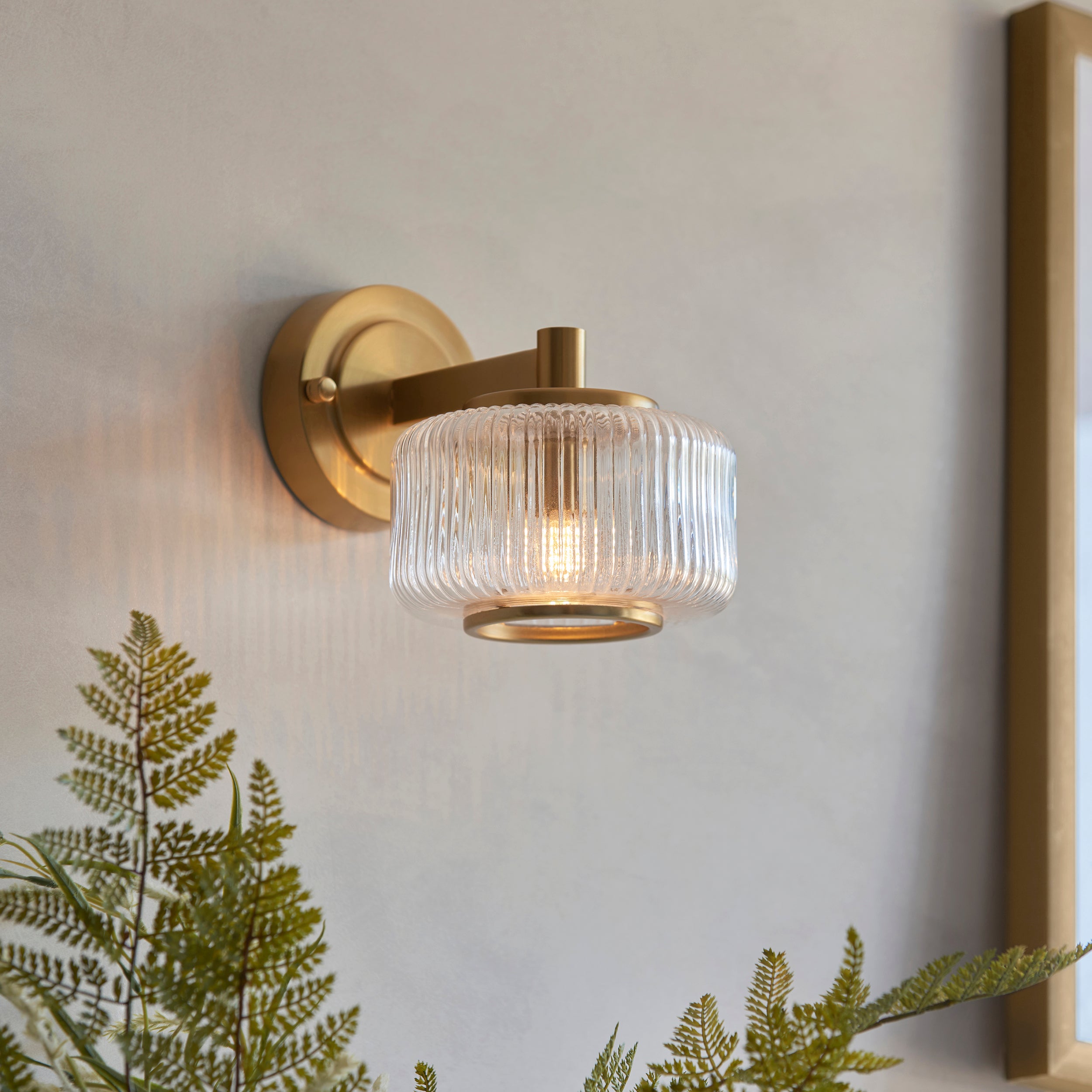 Endon Stamford Wall Light - Brushed Aged Brass Plate & Clear Ribbed Glass
