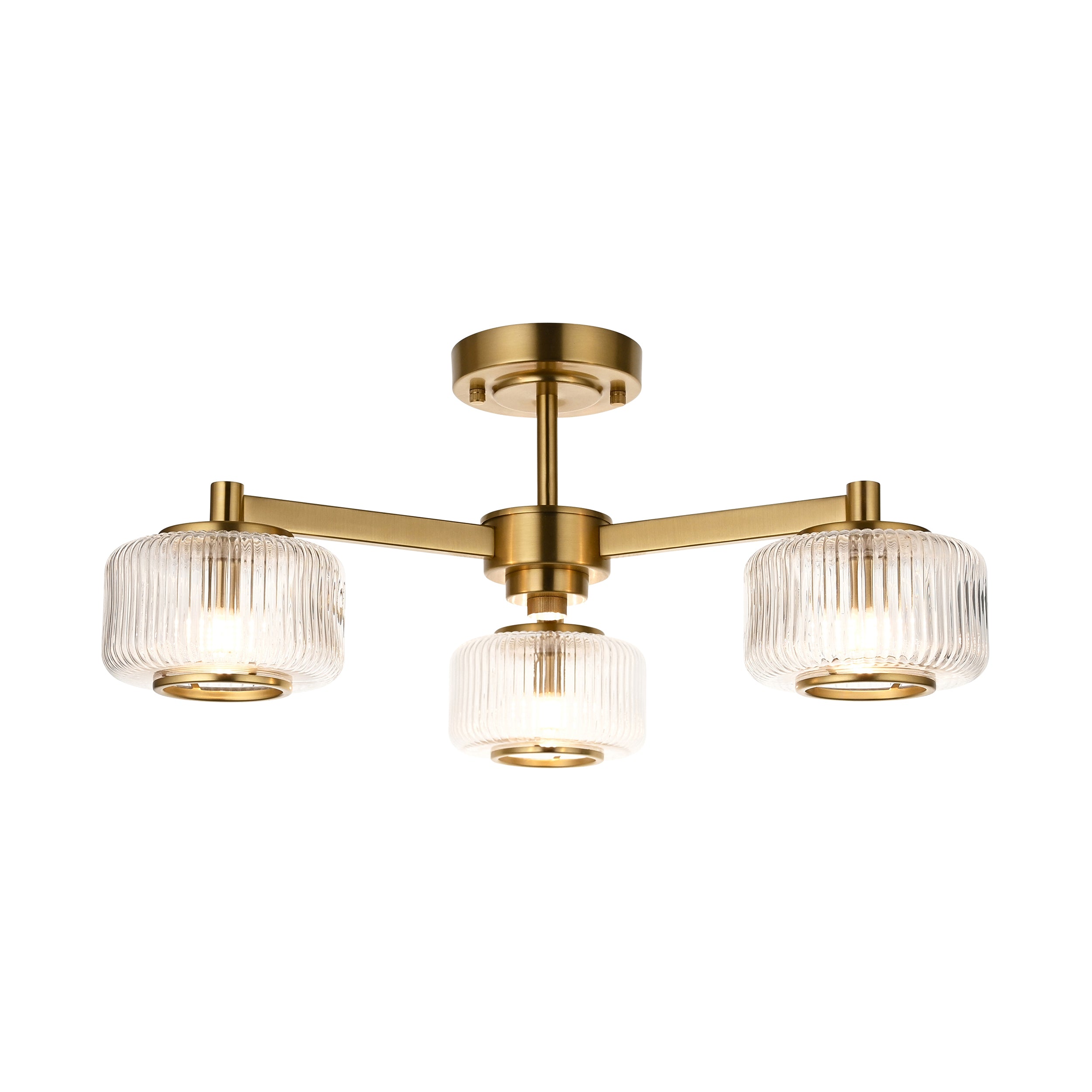 Endon Stamford 3 Light Semi Flush Ceiling Light - Brushed Aged Brass Plate & Clear Ribbed Glass