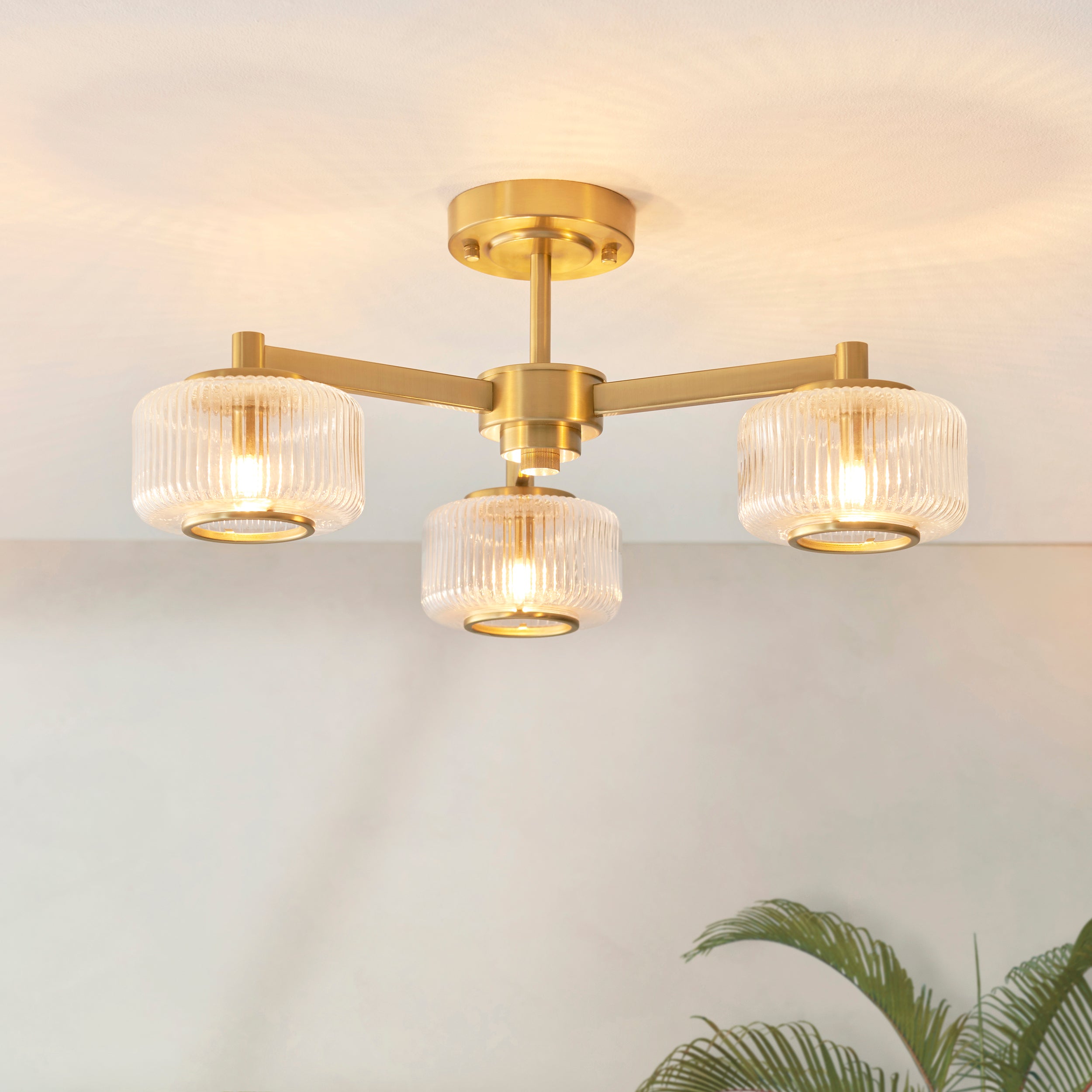 Endon Stamford 3 Light Semi Flush Ceiling Light - Brushed Aged Brass Plate & Clear Ribbed Glass