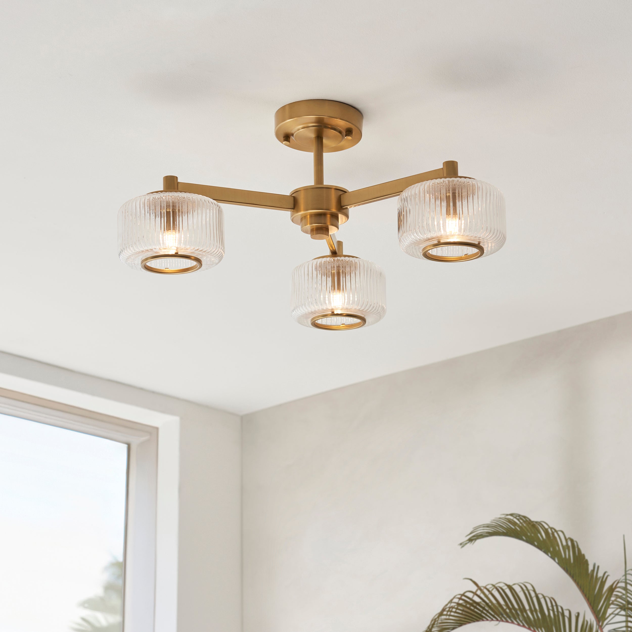 Endon Stamford 3 Light Semi Flush Ceiling Light - Brushed Aged Brass Plate & Clear Ribbed Glass