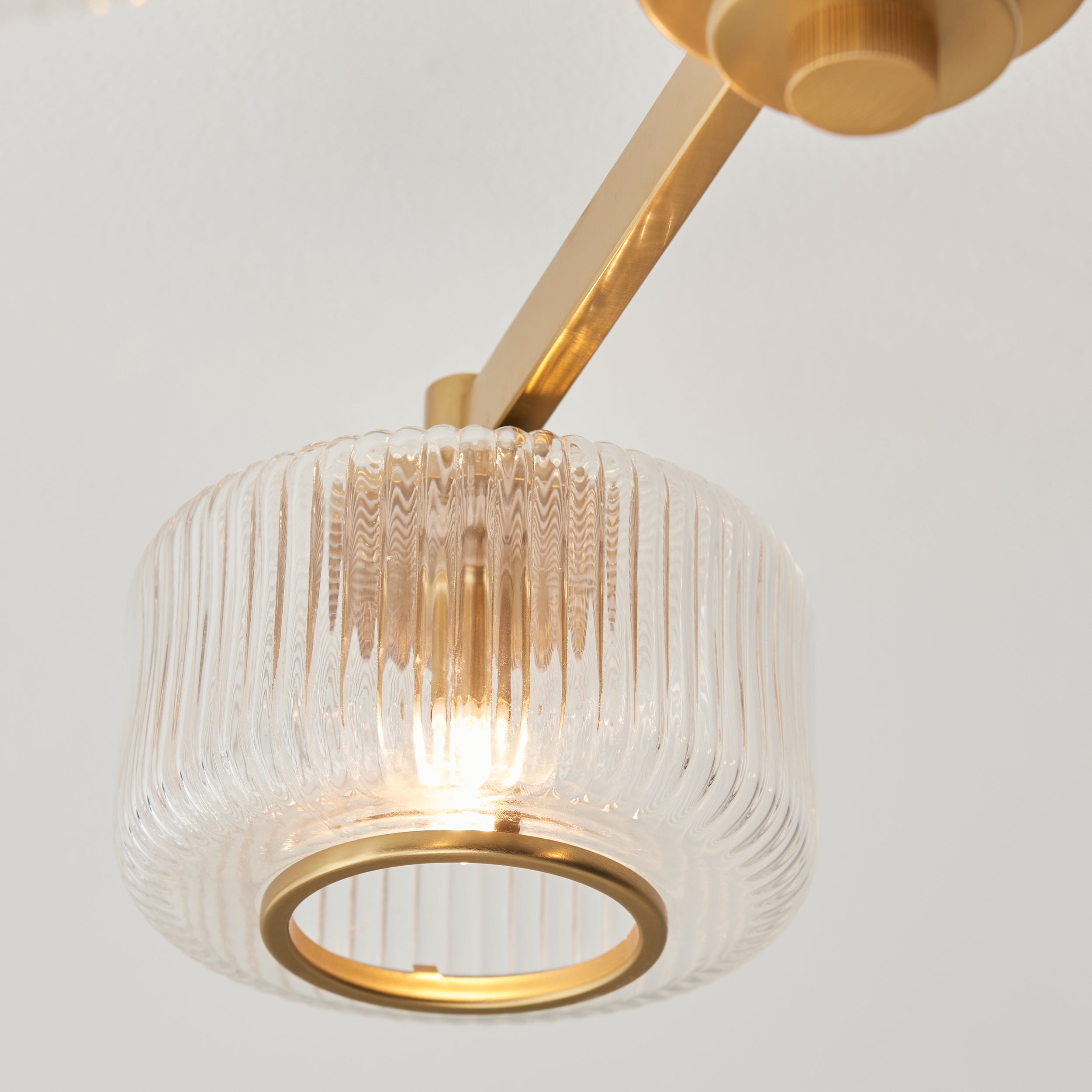 Endon Stamford 3 Light Semi Flush Ceiling Light - Brushed Aged Brass Plate & Clear Ribbed Glass